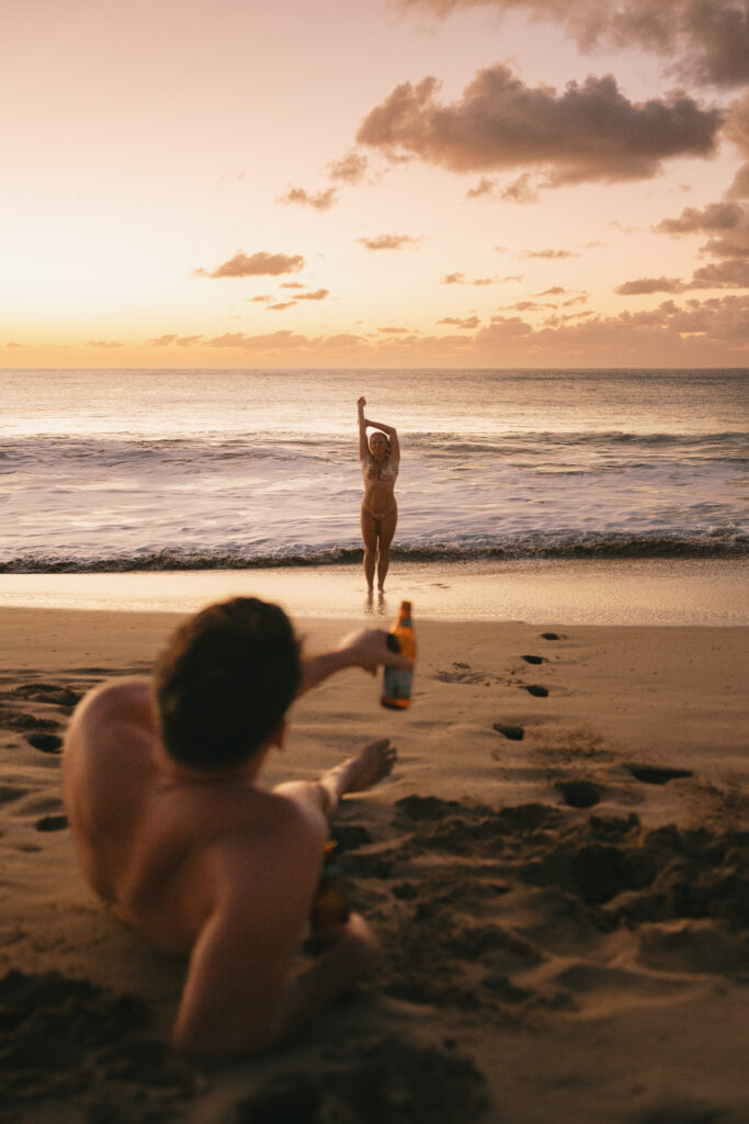 carefree couple on the beach