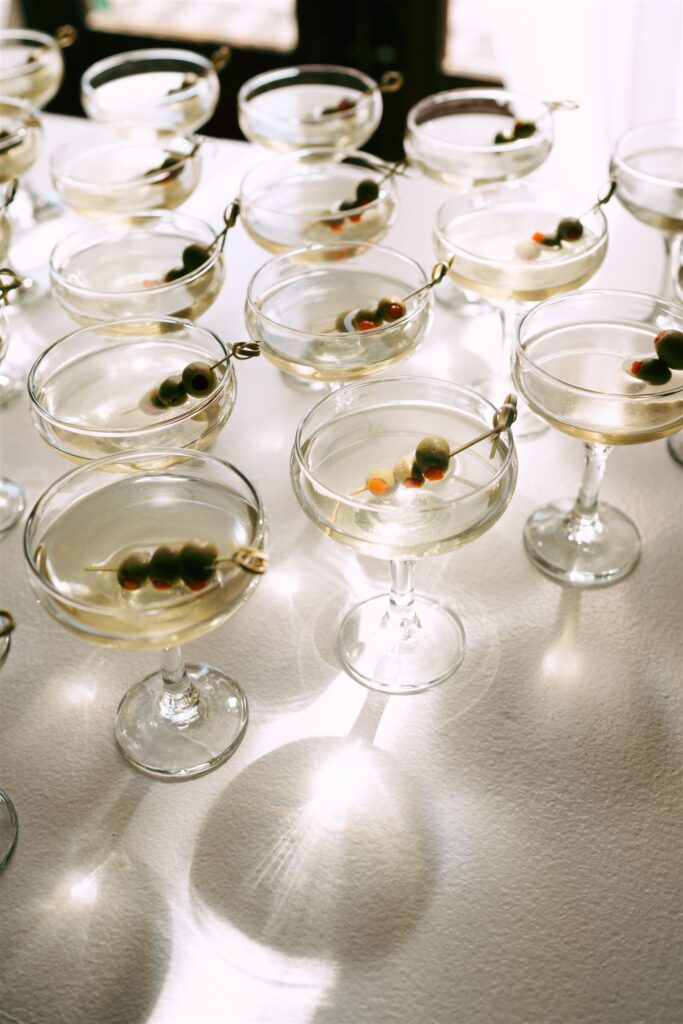 wedding martini glasses at Riverwood Mansion 