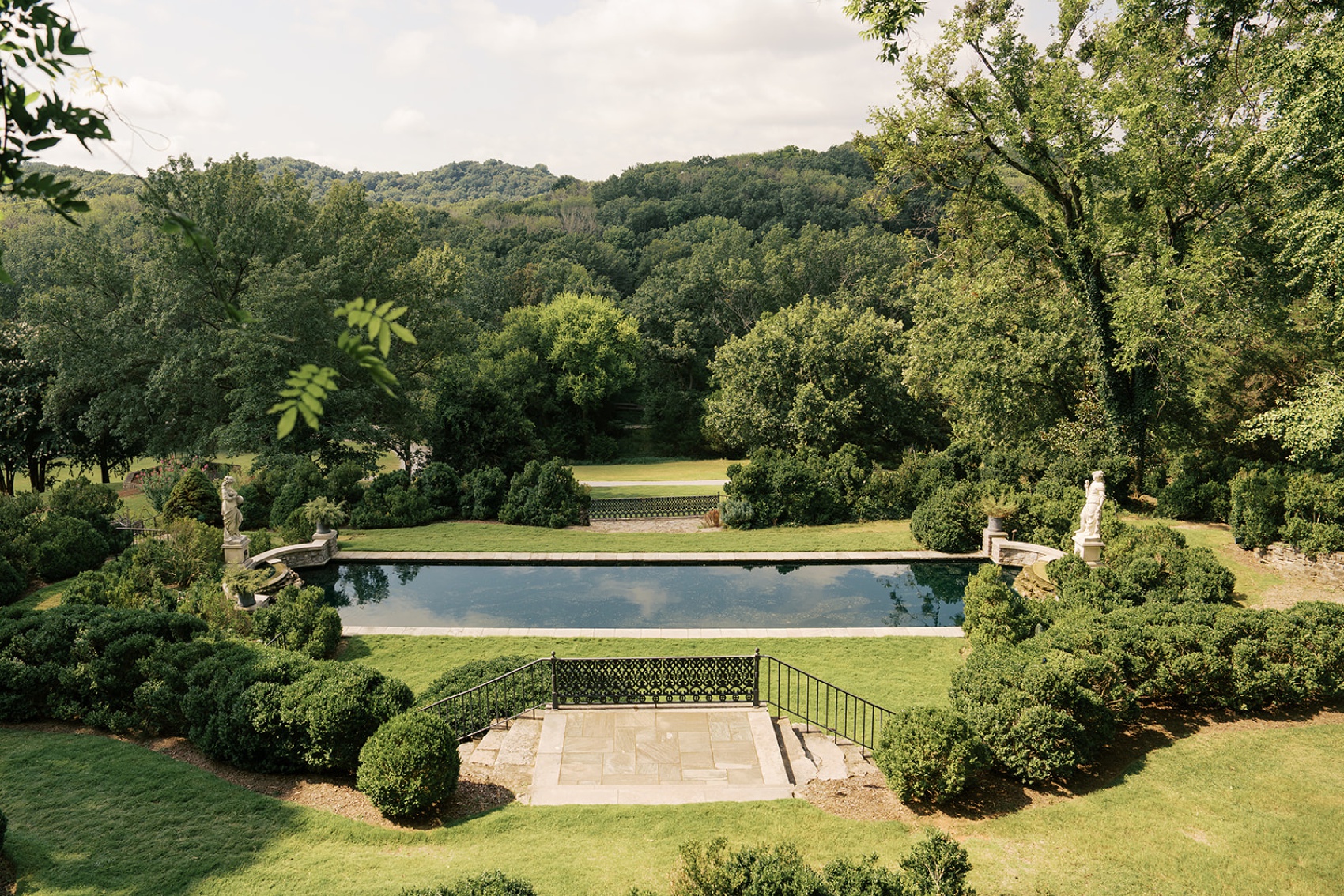 A look down at the pond and fountains and back lawn of the Cheekwood Wedding venue