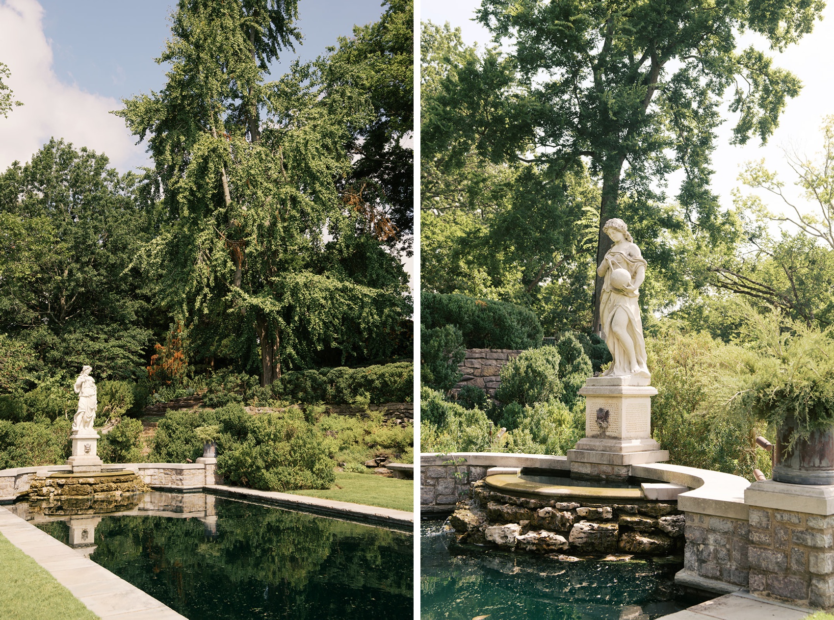 Details of the ornate fountain and pond at the Cheekwood Wedding venue