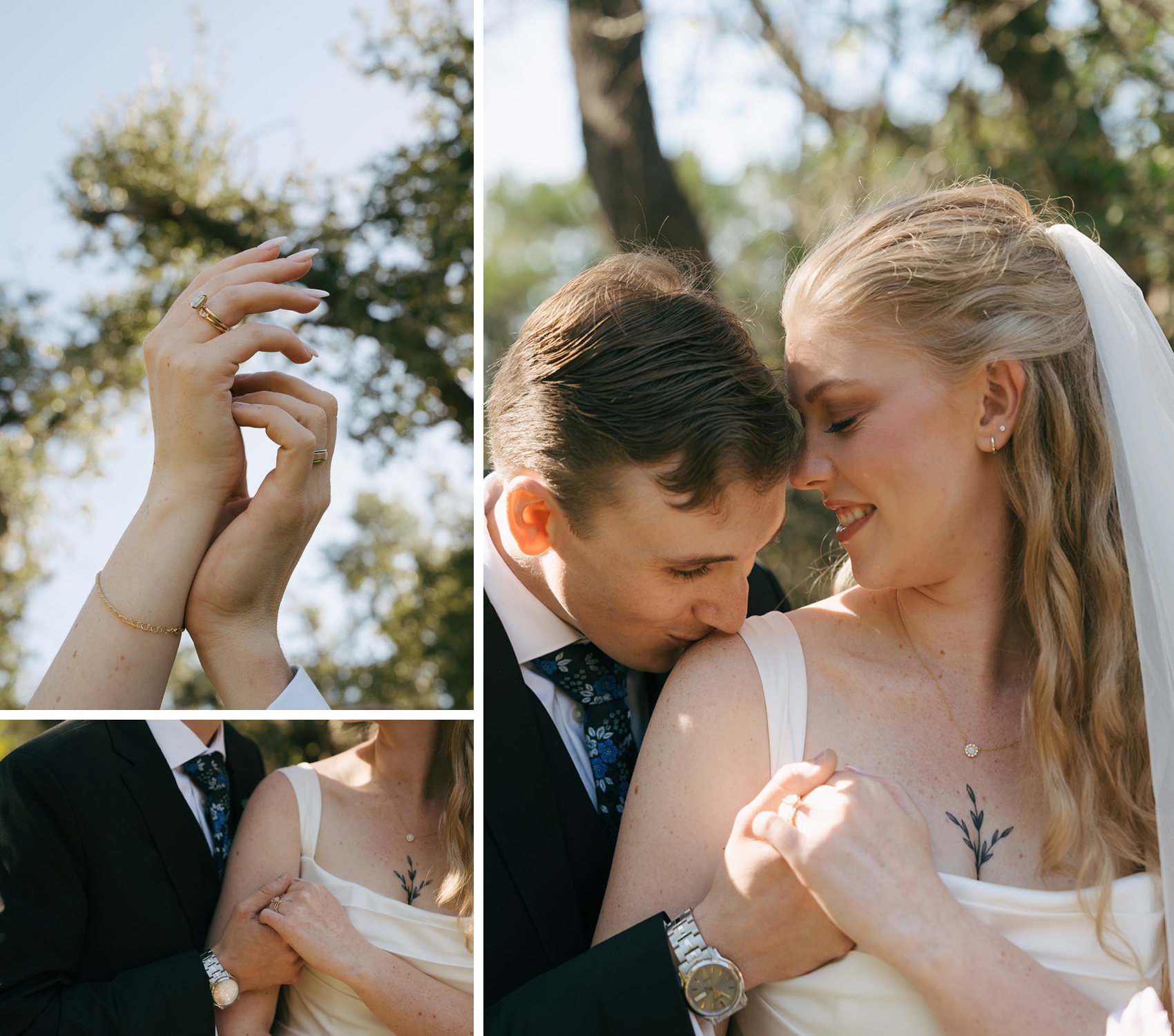 A groom kisses his bride's shoulder with them holding hands in the sky