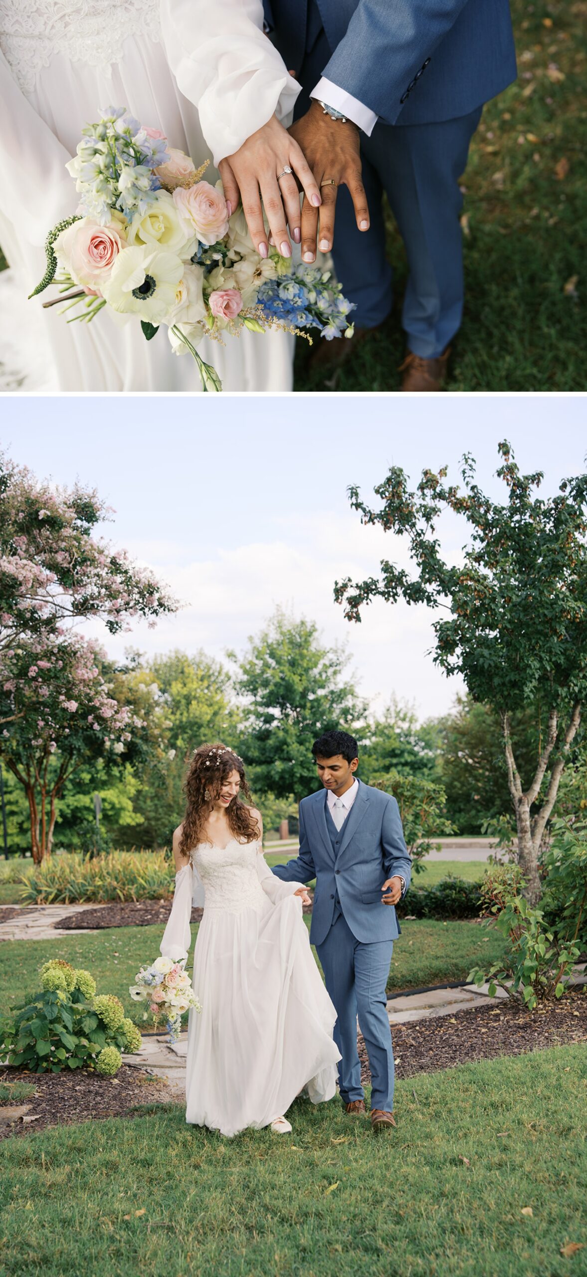 A bride and groom walk through a garden by them showing off their rings