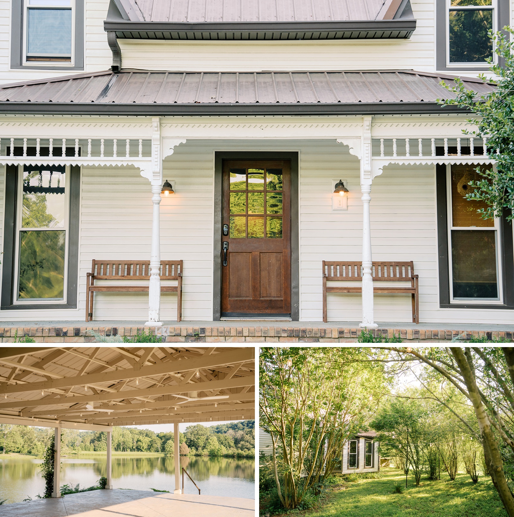 A classic front porch with benches with a covered space by the lake and lush garden at one of the Outdoor Wedding Venues in Tennessee