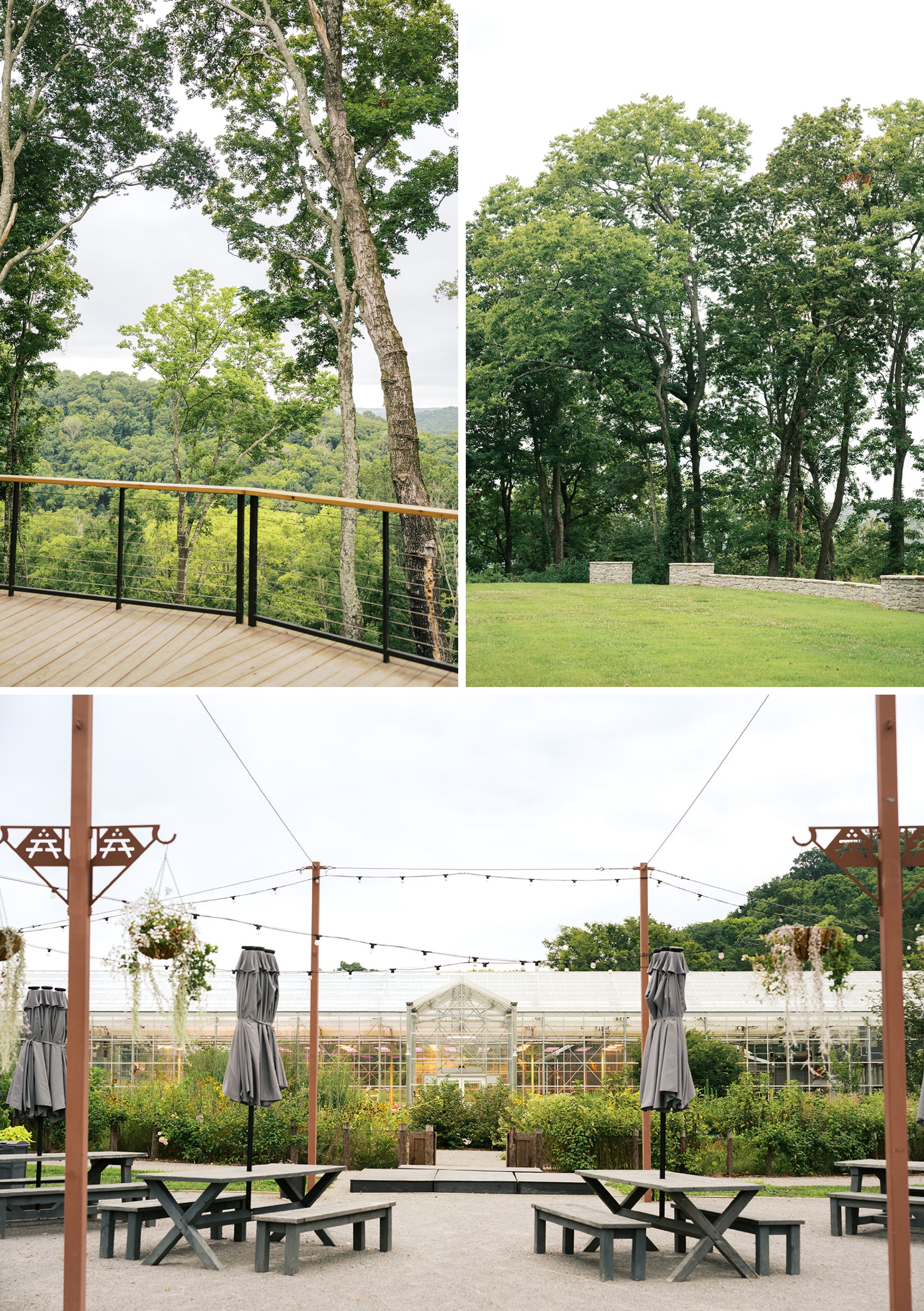 A few views of one of the a stunning Outdoor Wedding Venues in Tennessee with a picnic table patio under market lights and a deck with overlook and greenhouse