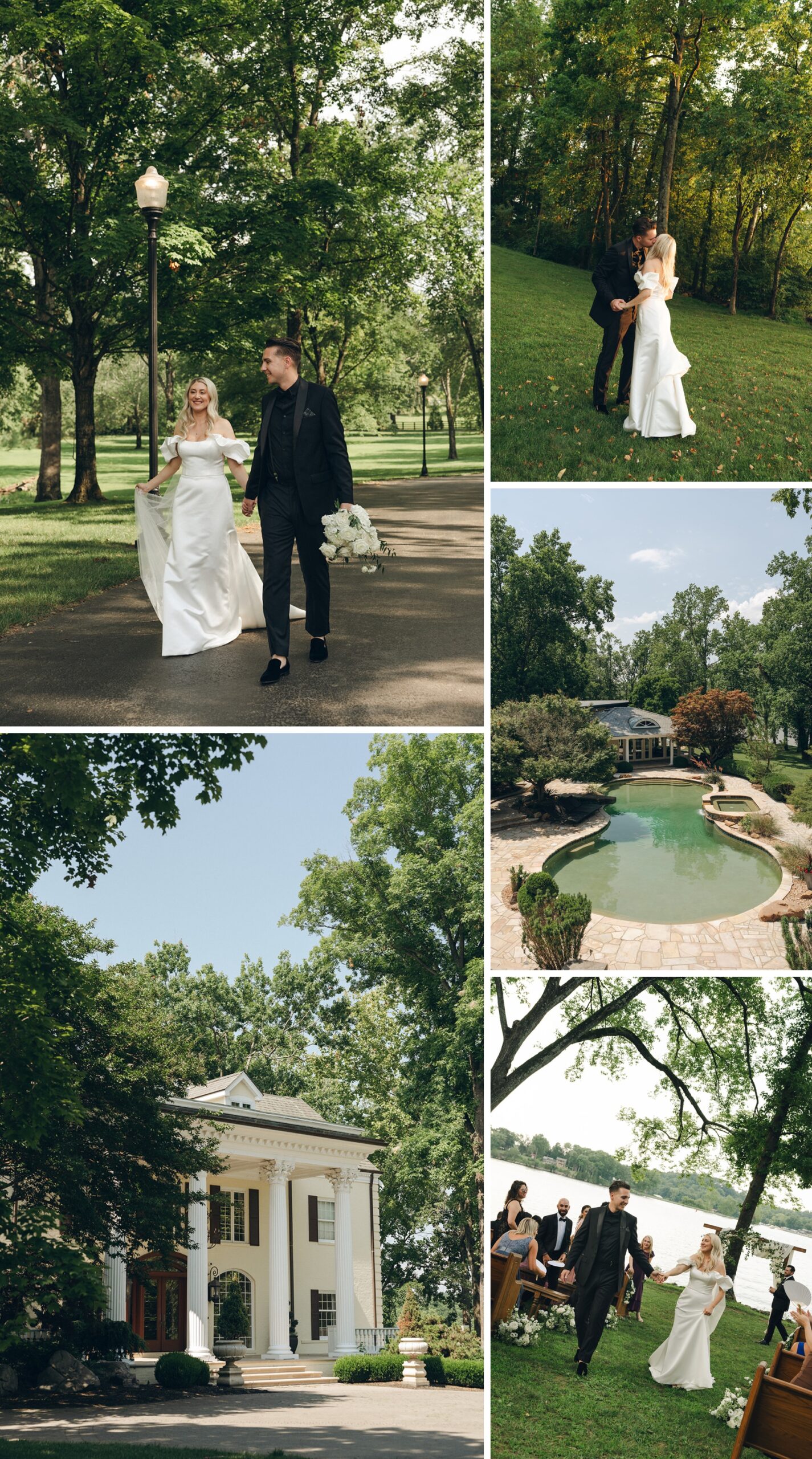 Newlyweds walk hand in hand next to them kissing and spaces around one of the stunning Outdoor Wedding Venues in Tennessee