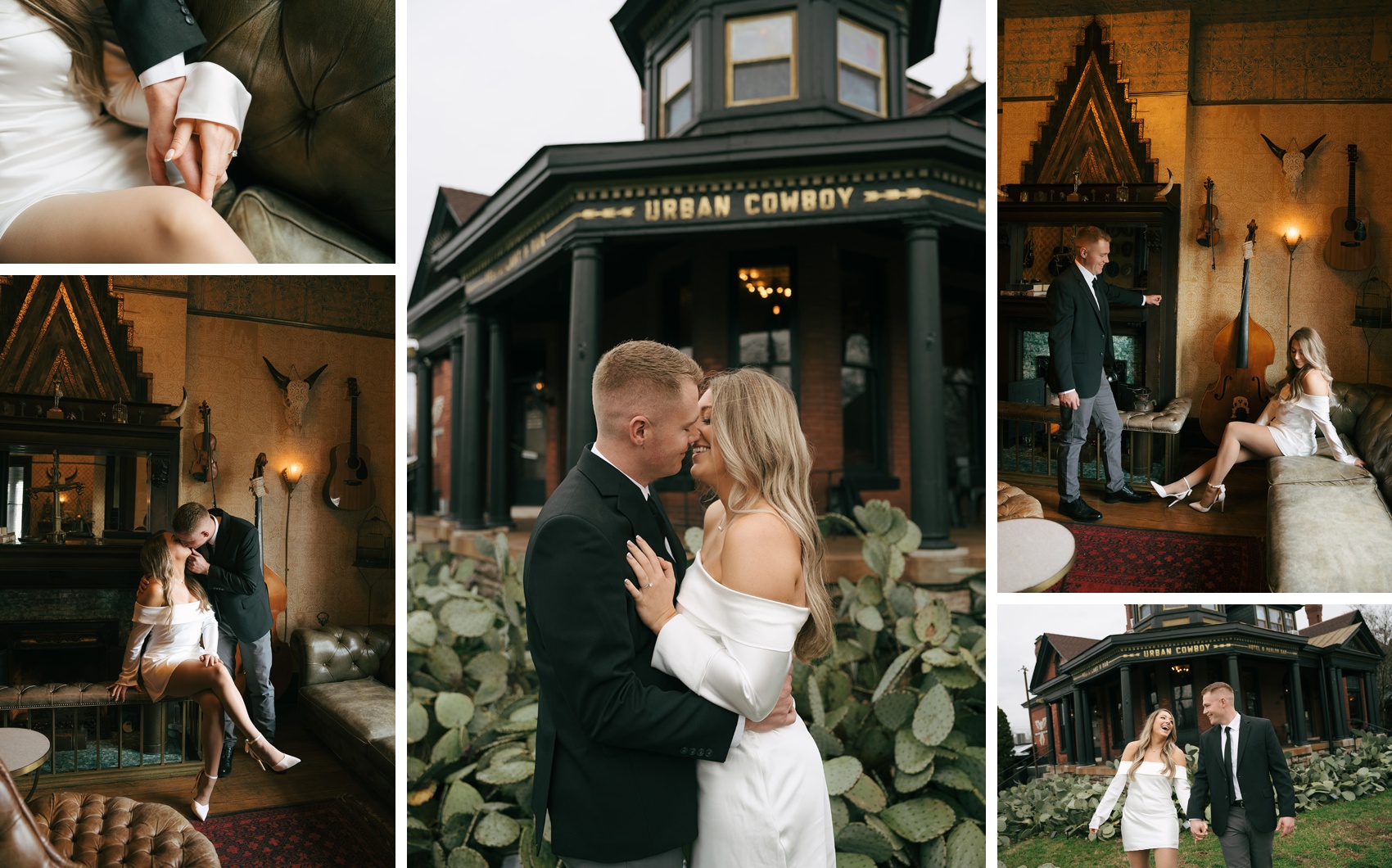 A woman in white smiles big and kisses her fiancee in a black suit while exploring the grounds of Urban Cowboy