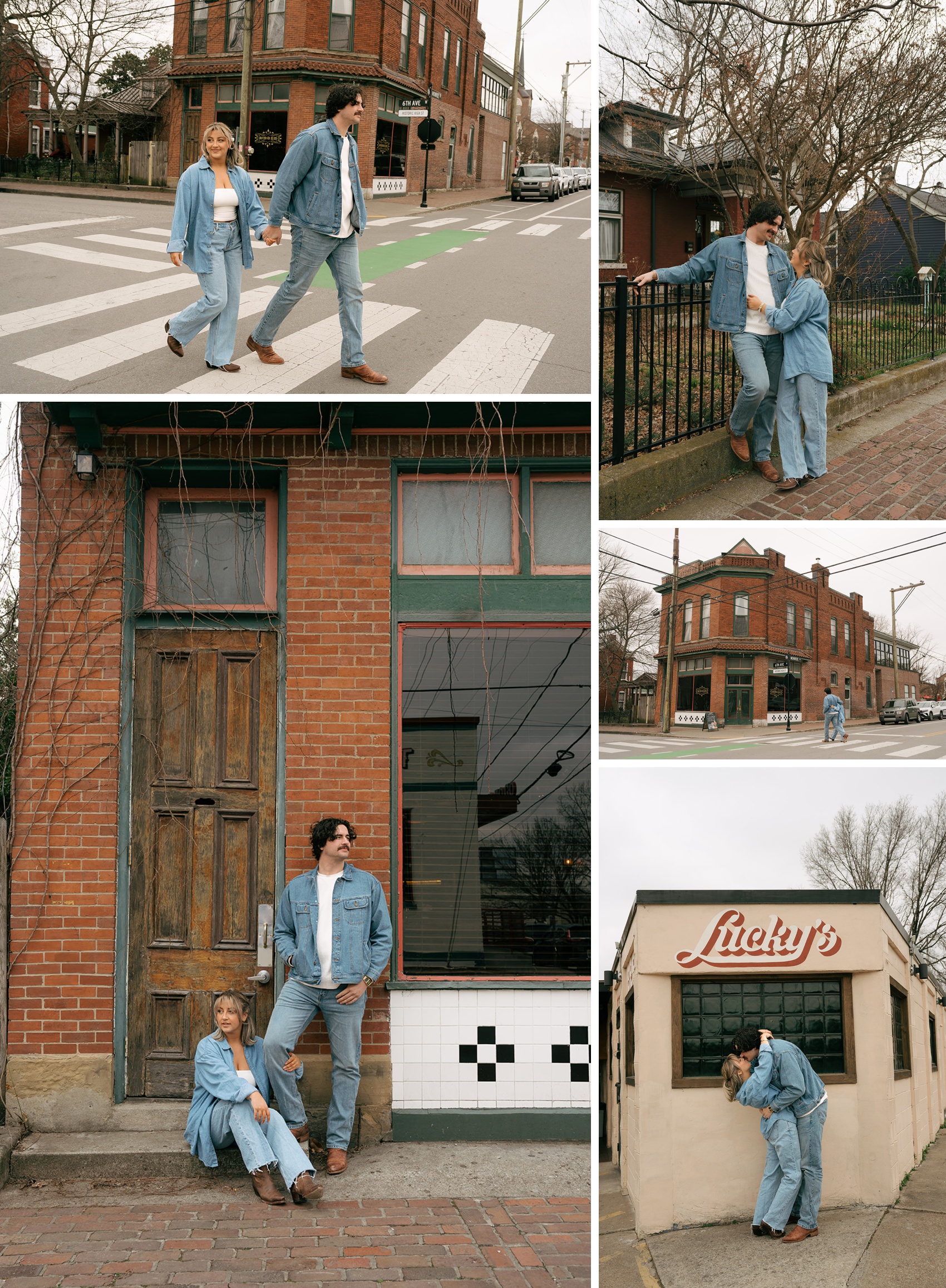 A man and woman in denim pants and jackets walk holding hands and hanging around their neighborhood