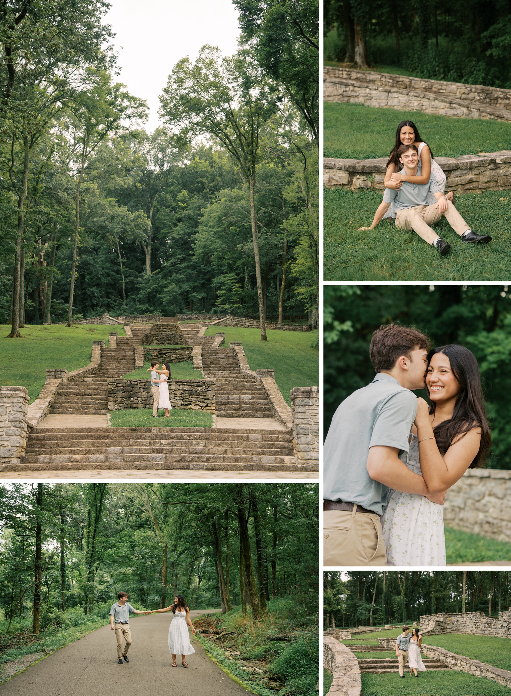 A woman in a white dress walks and hugs her fiancee in a blue polo and khakis during their engagement photos in Nashville