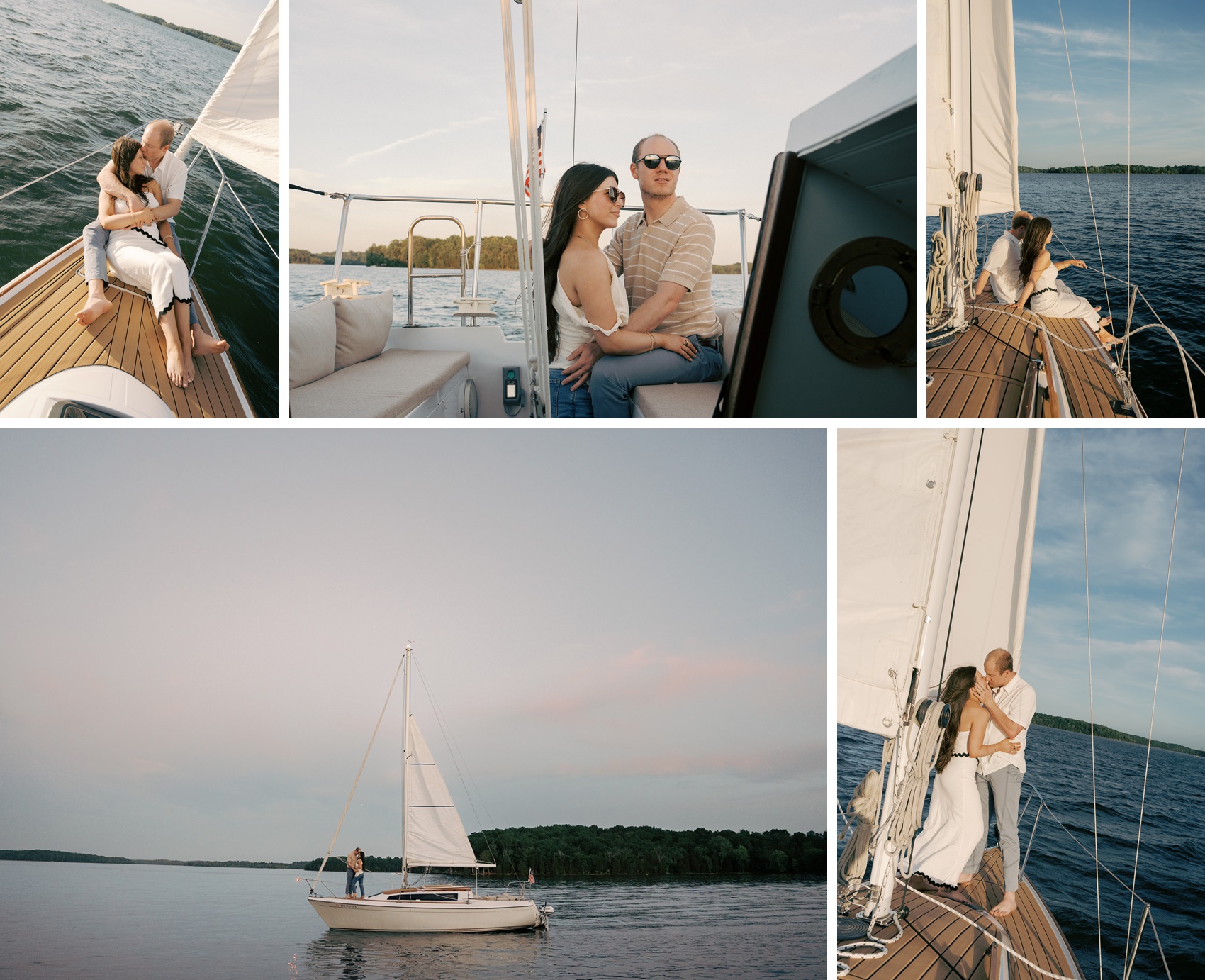 A woman snuggles and kisses her fiancee on a small sailboat on a large lake at sunset during their engagement photos in Nashville