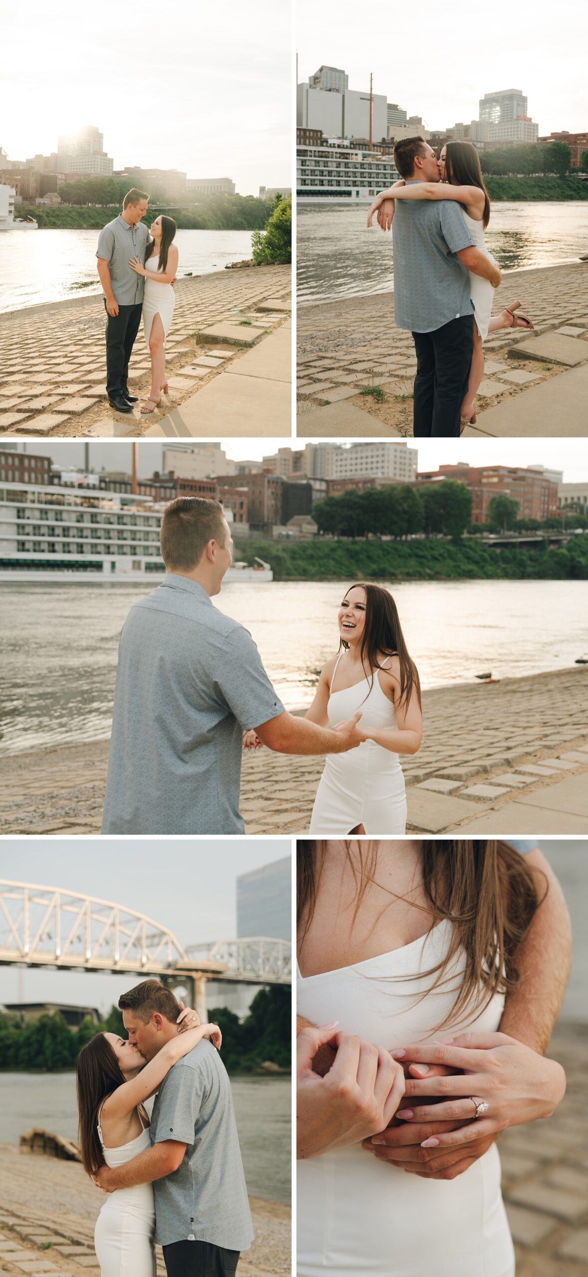 A happy couple share a dance, hug, kiss and cuddles along the river during their engagement photos in Nashville