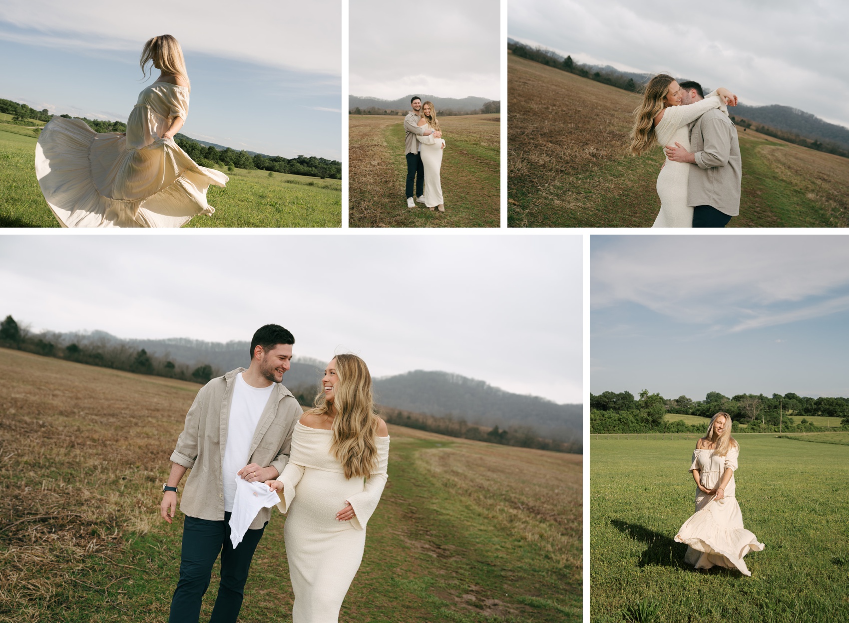 A happy couple dances, kisses and laughs in an open field at sunset during their engagement photos in Nashville