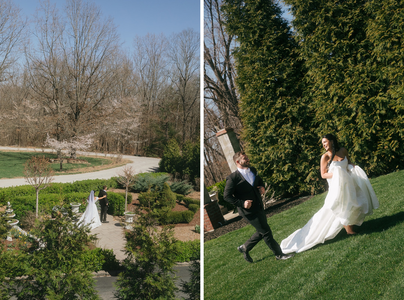 Newlyweds jog through the Tayvin Gardens lawn next to the moment of their first look as bride touches groom's shoulder