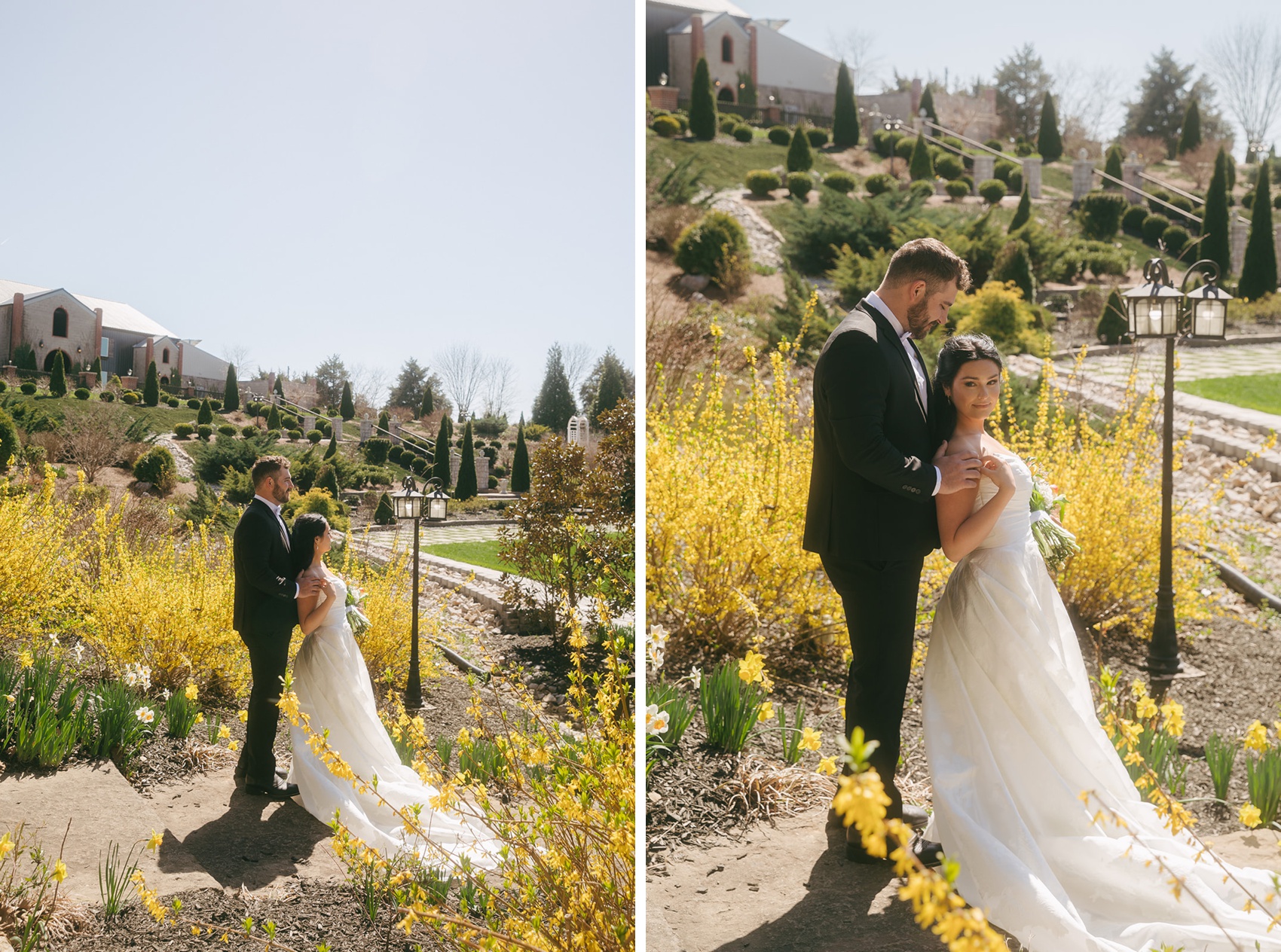 Newlyweds stand surrounded by yellow flowers in the Tayvin Gardens