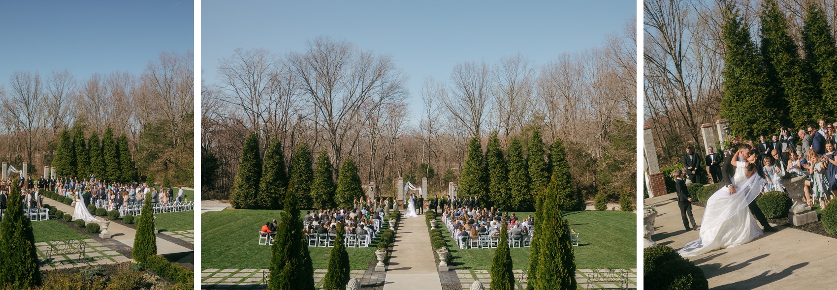 A look at a large Tayvin Gardens wedding ceremony in the lawn as the bride enters and the final kiss