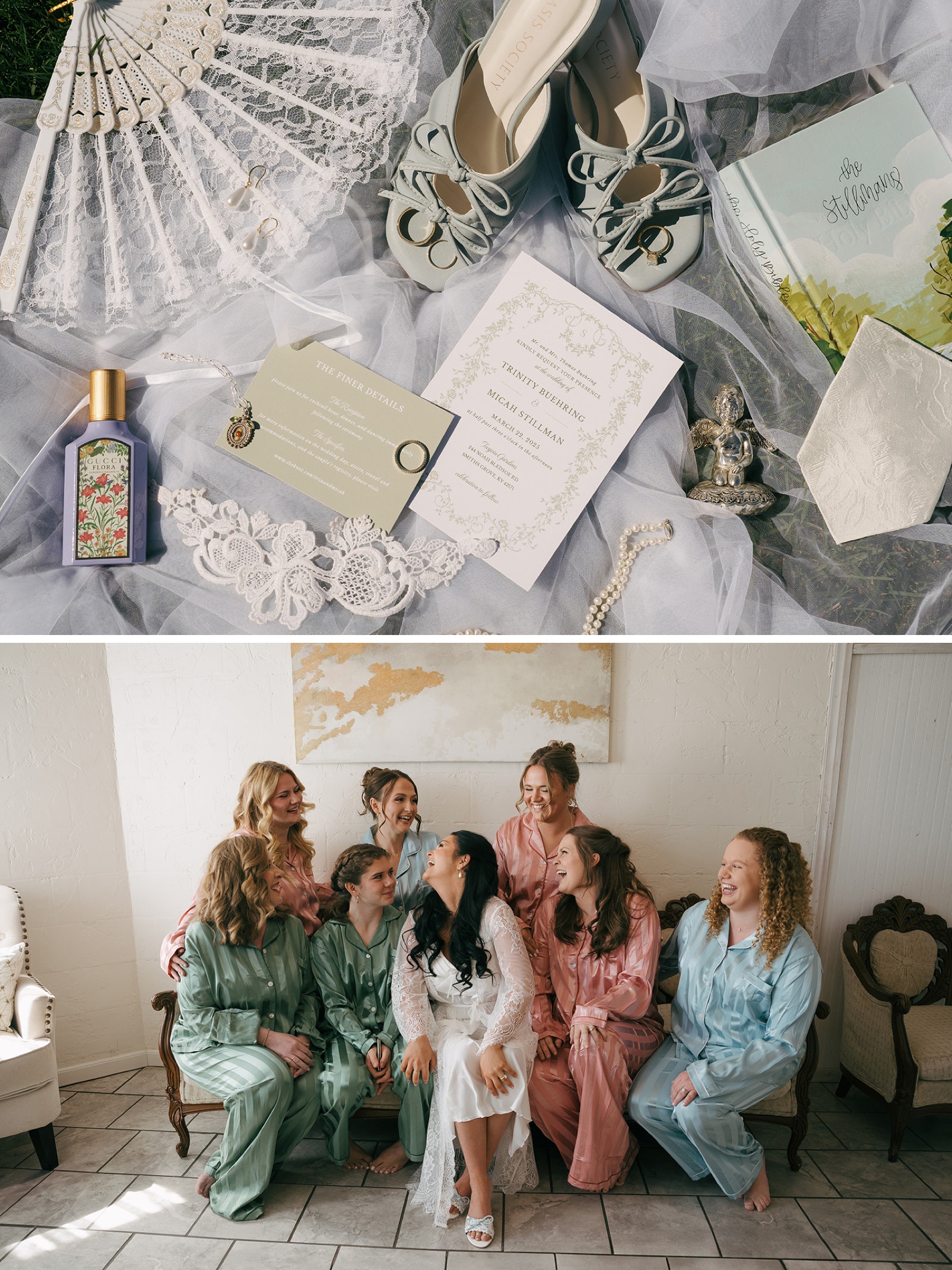 A bride sits on an antique couch laughing with her bridesmaids all in colorful pajamas