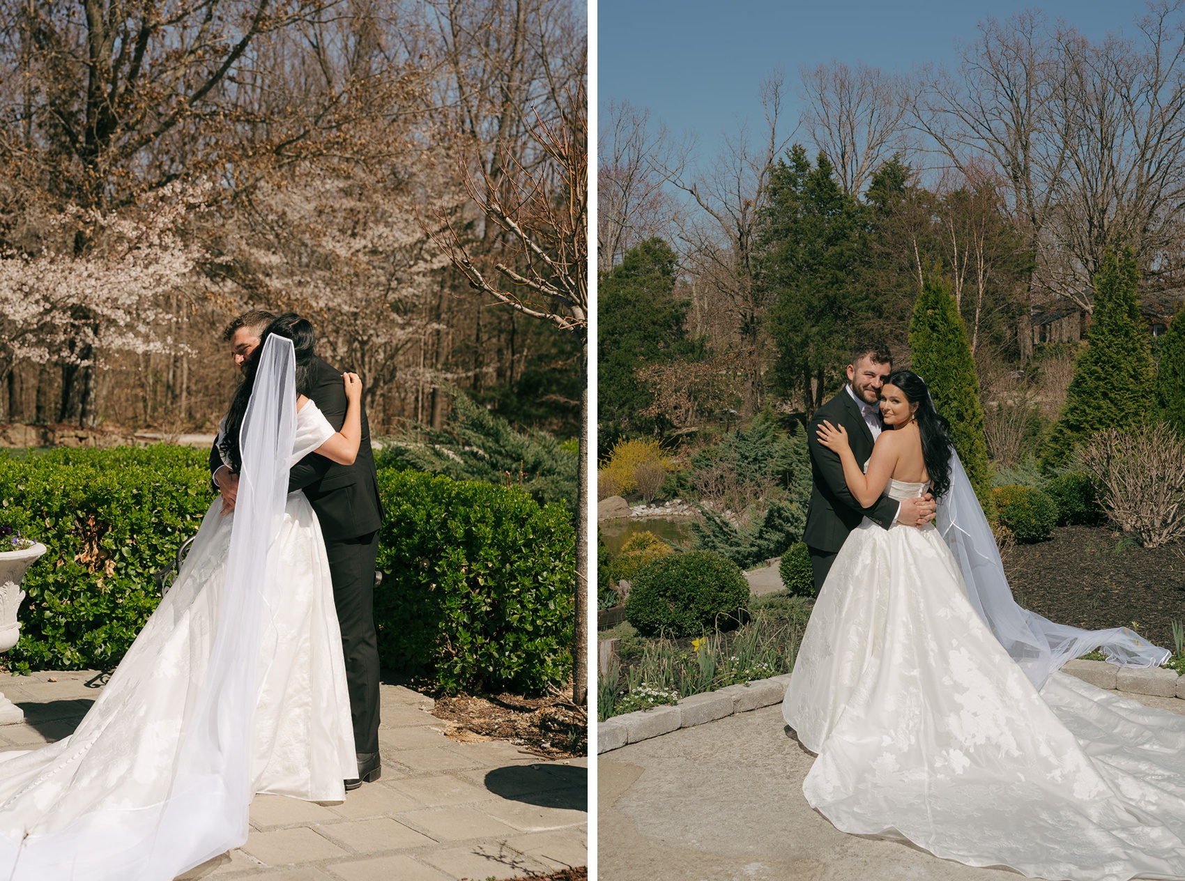 A bride and groom embrace and smile in the gardens during their first look