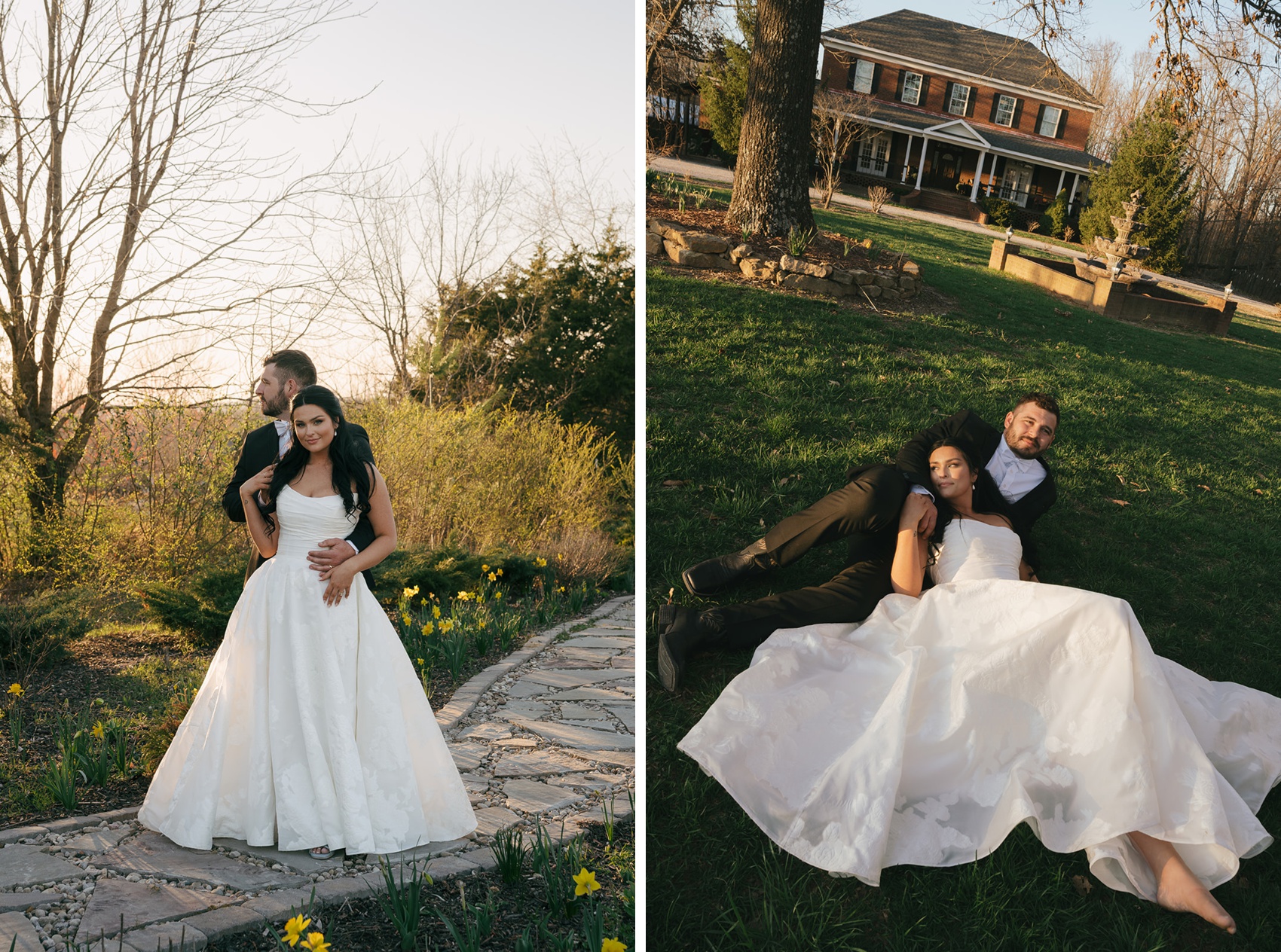 A bride and groom stand on a stone path at sunset next to them laying in the lawn of Tayvin Gardens