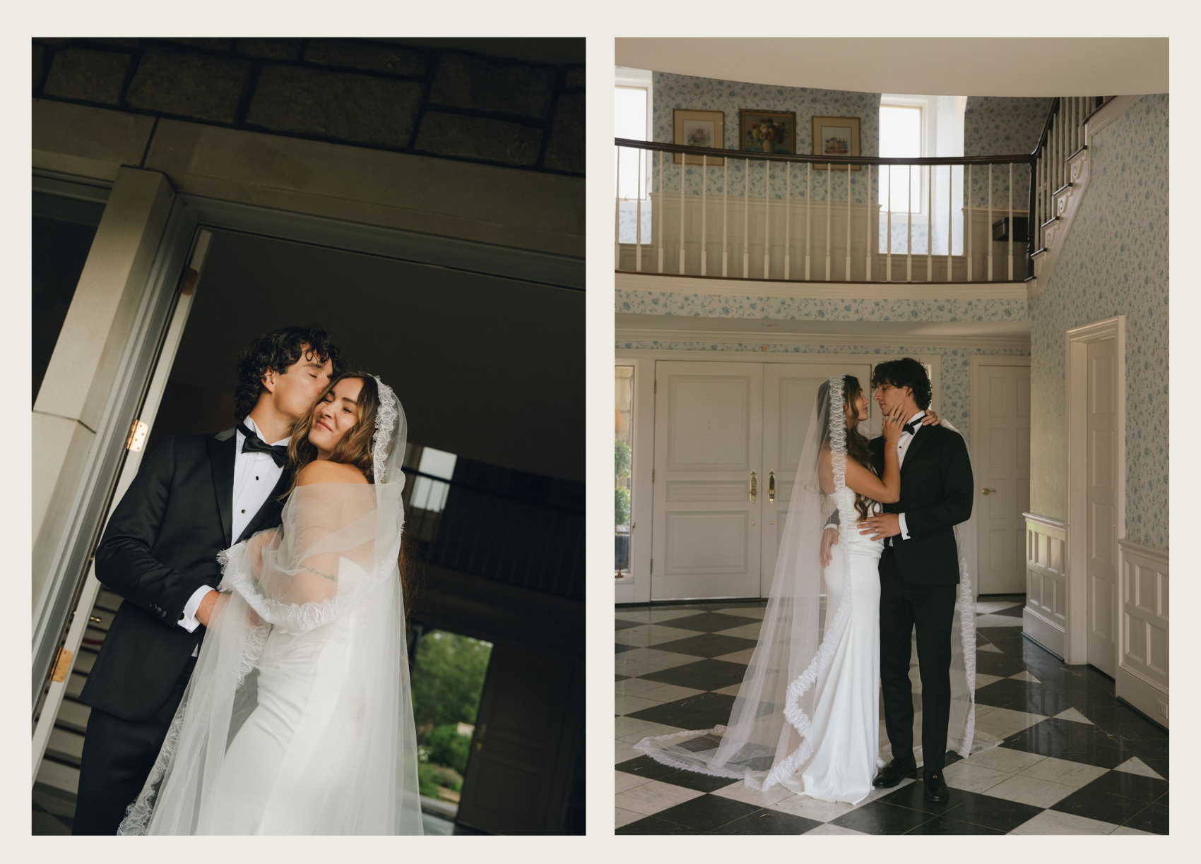 Bride and groom standing holding each other smiling. The bride has a scrunched nose from smiling and the groom is kissing her temple.