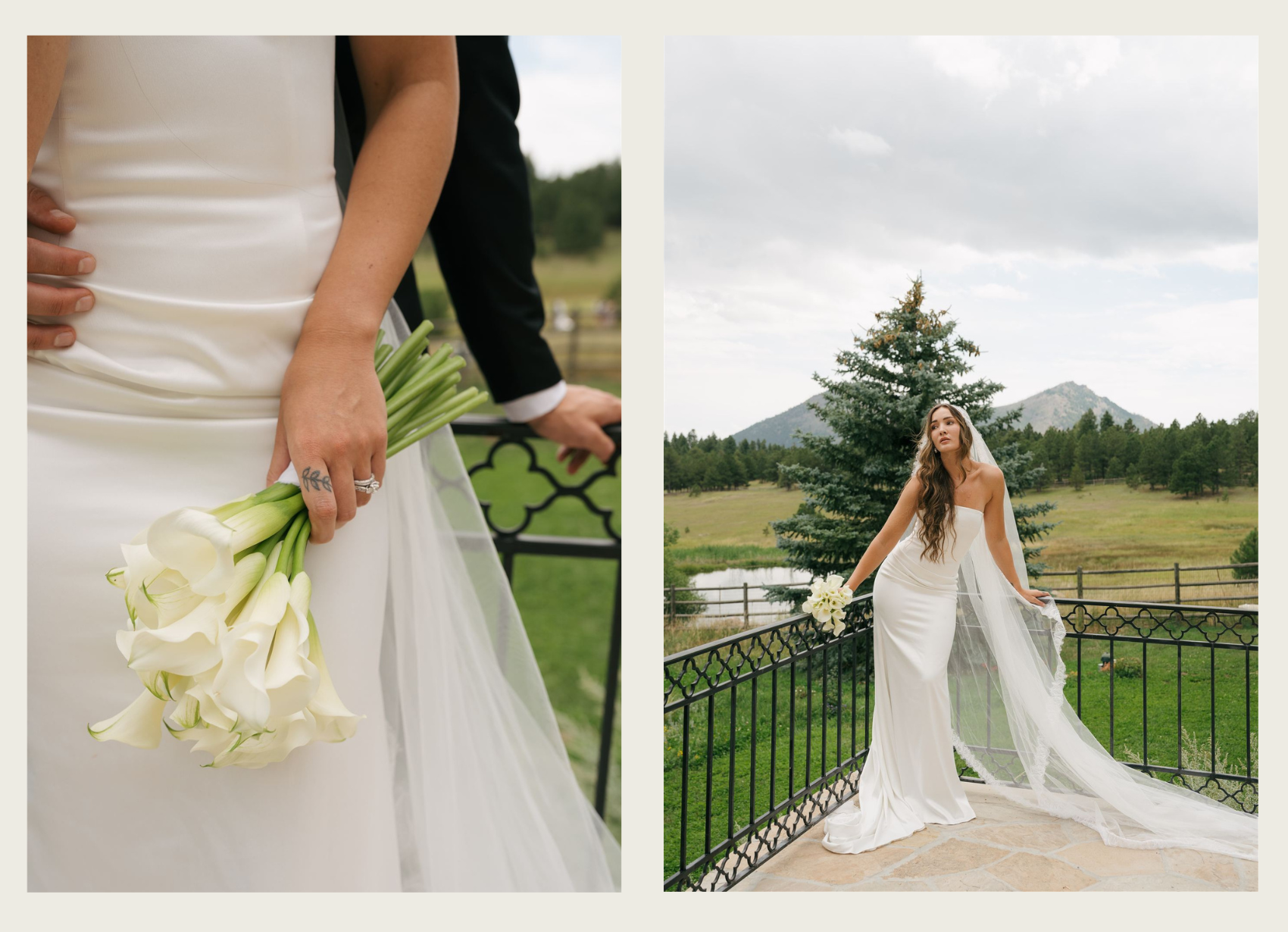 A bride holding white calla lilies outside of a castle in boulder colorado.