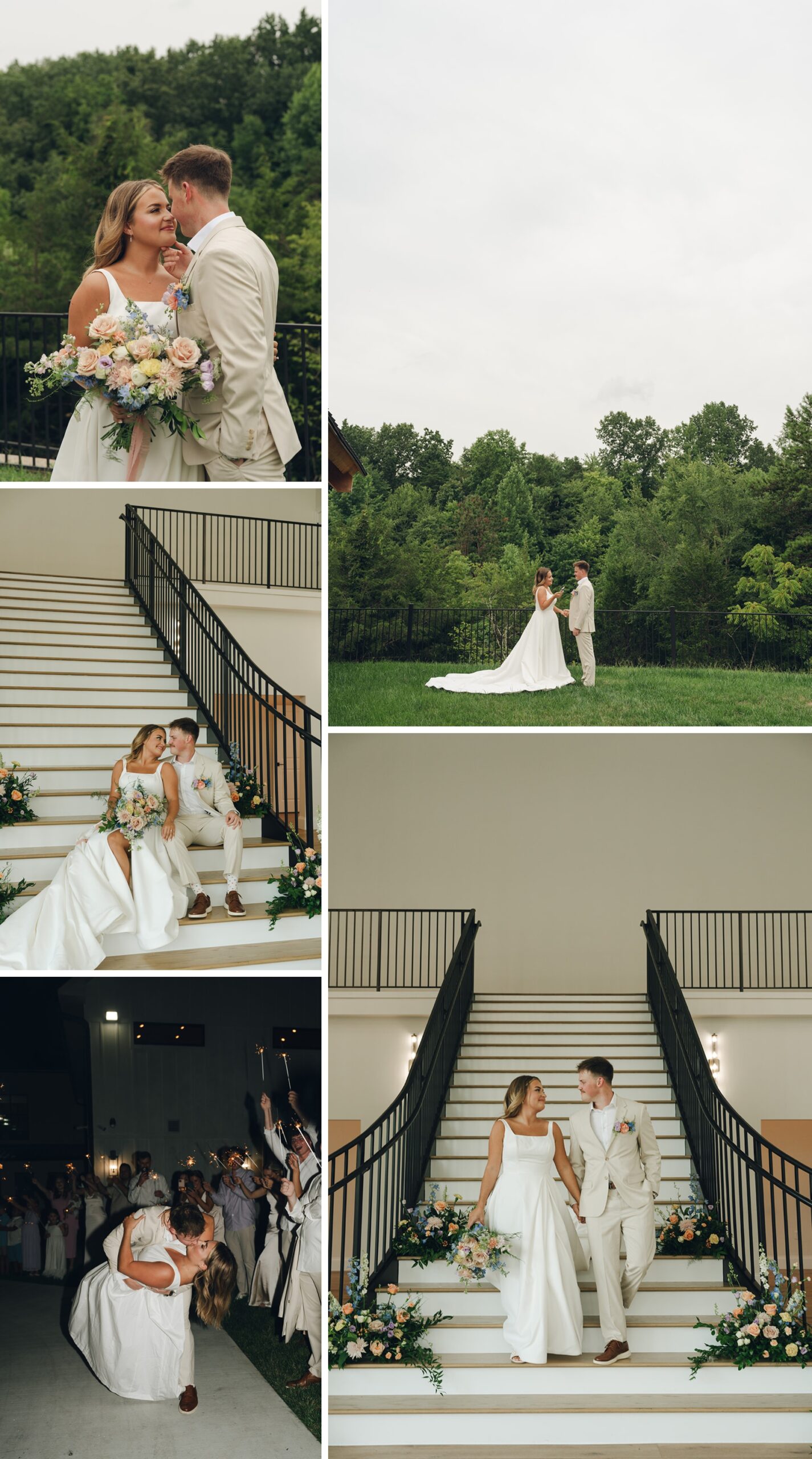 A collage of images of newlyweds both in white cuddling, walking and kissing around Nicholas Heir, one of the stunning knoxville wedding venues