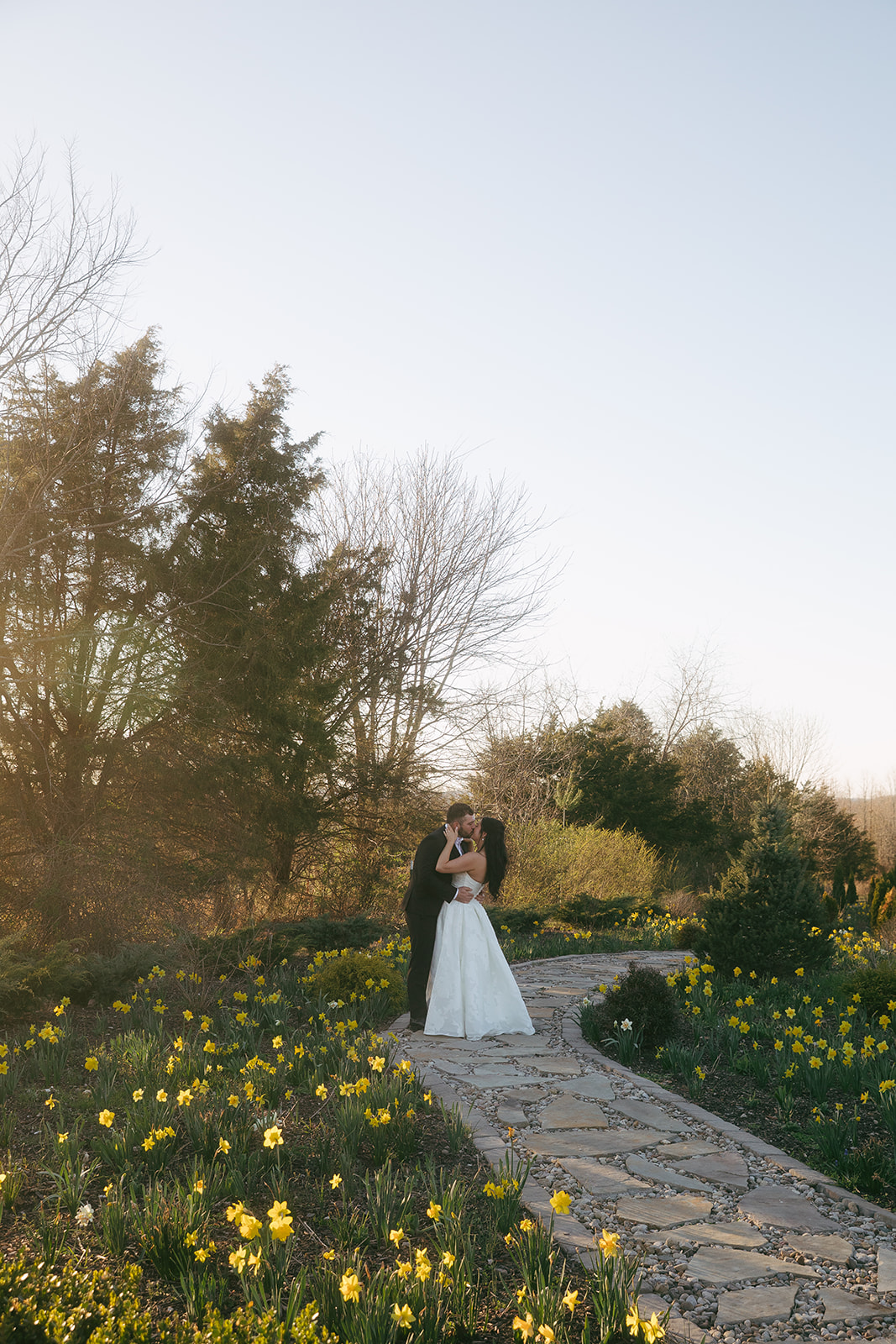 Newlyweds kiss while walking a garden path through yellow daffodils at sunset