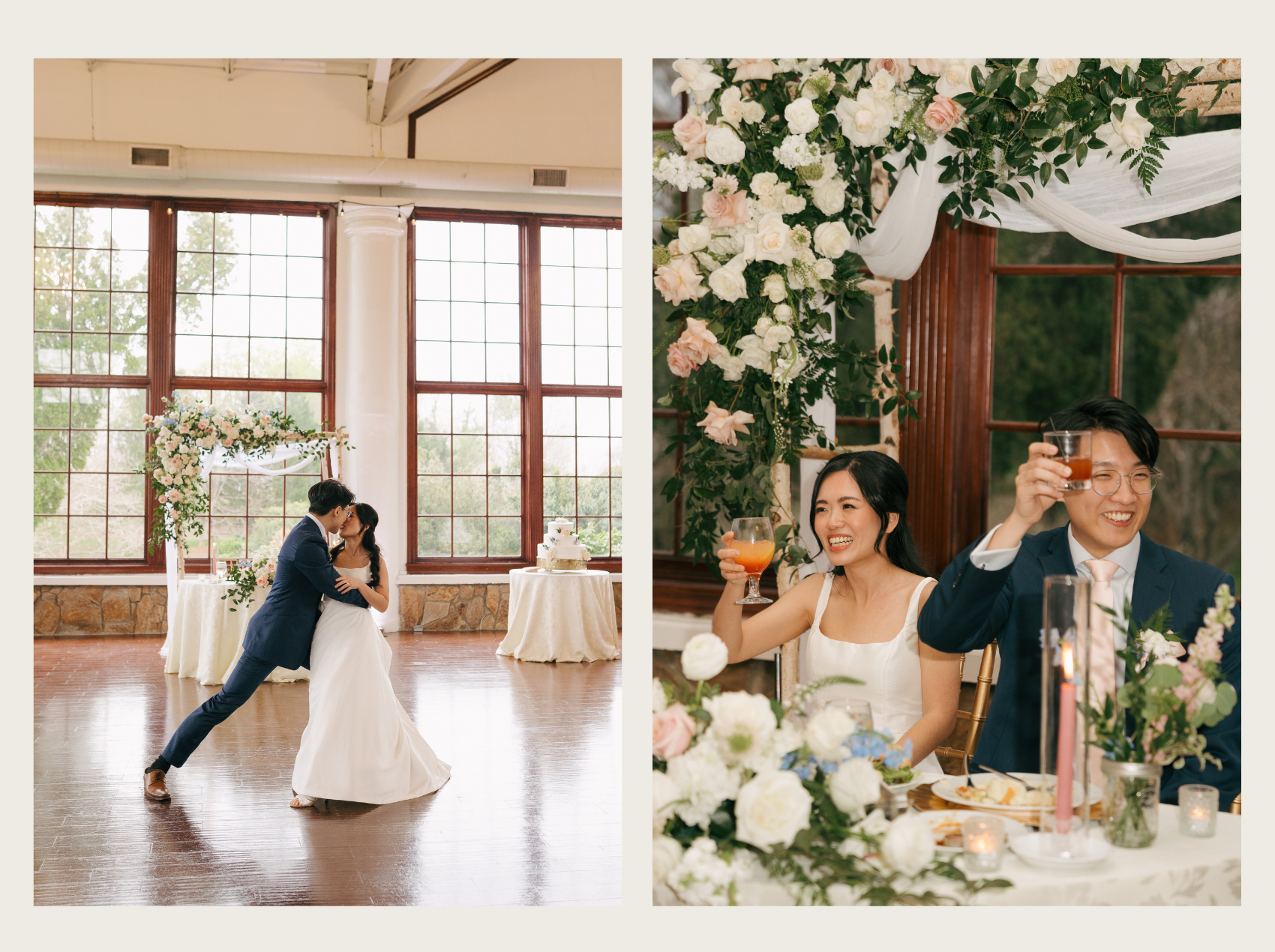 Bride and groom during their reception dancing and cheersing a beer during speeches while laughing. 