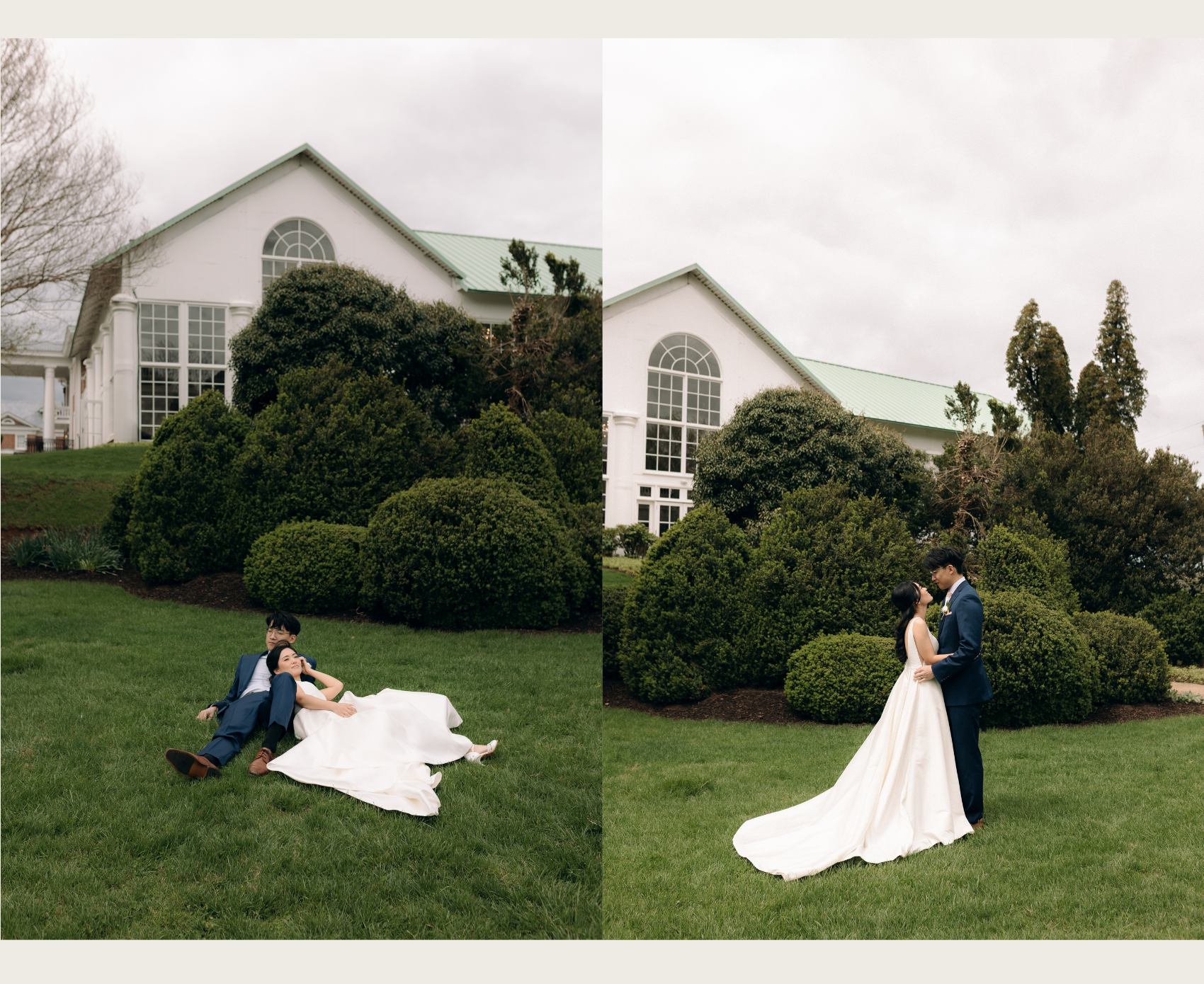 Bride and groom portraits outside of Raspberry Plain Manor in Leesburg Virginia with manor in the background.