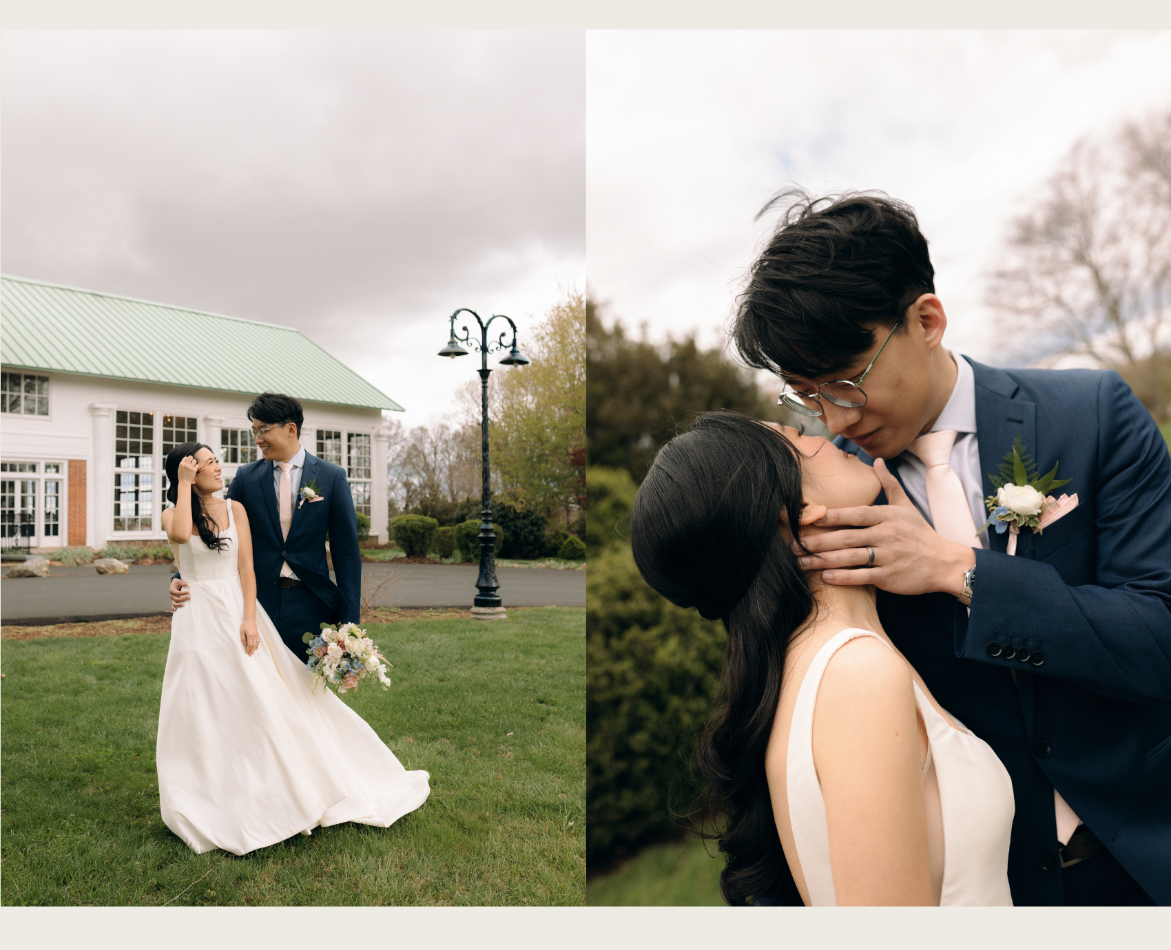 Bride and groom kissing out front of a mansion before a rainstorm smiling