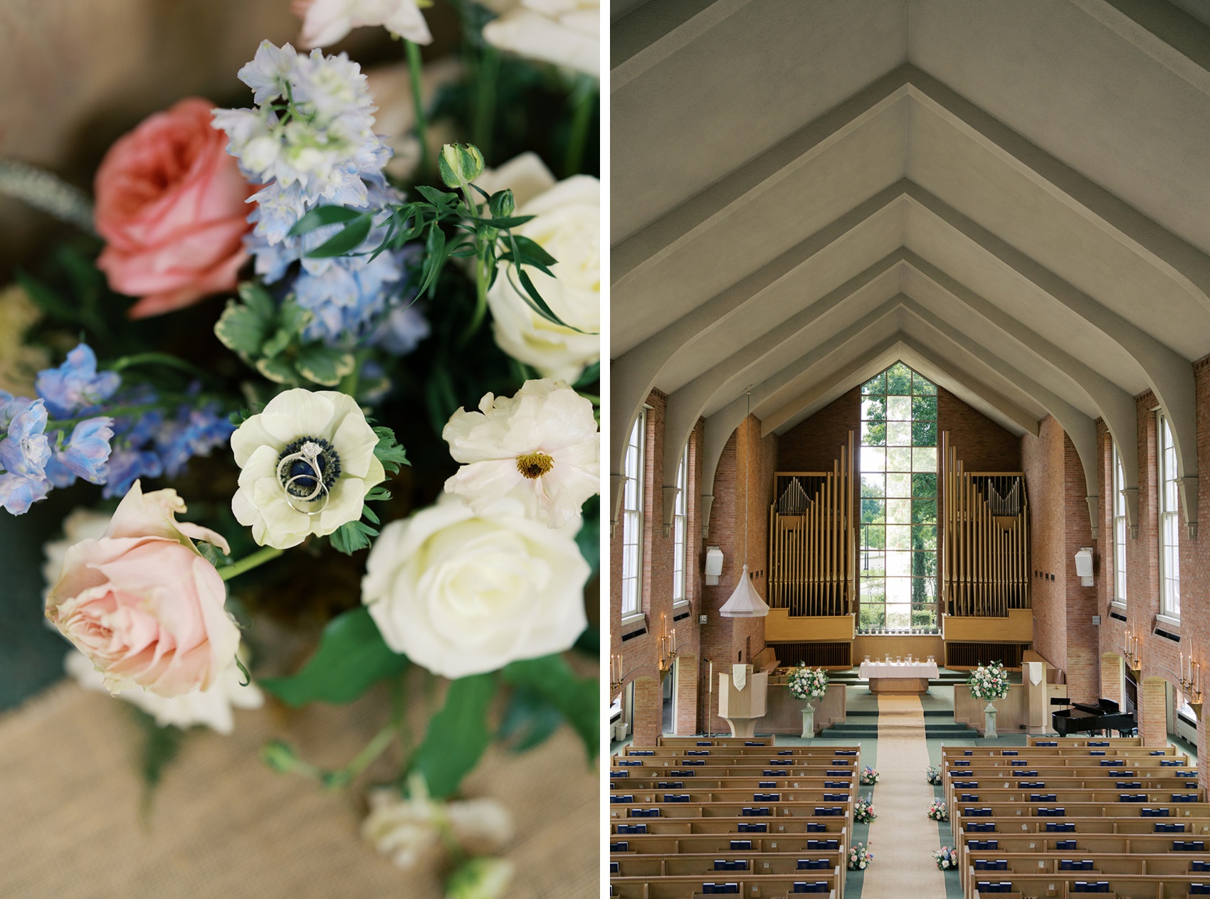 A look from the balcony of the vine street christian church wedding venue sanctuary next to details of the rings on a white flower in the bouquet