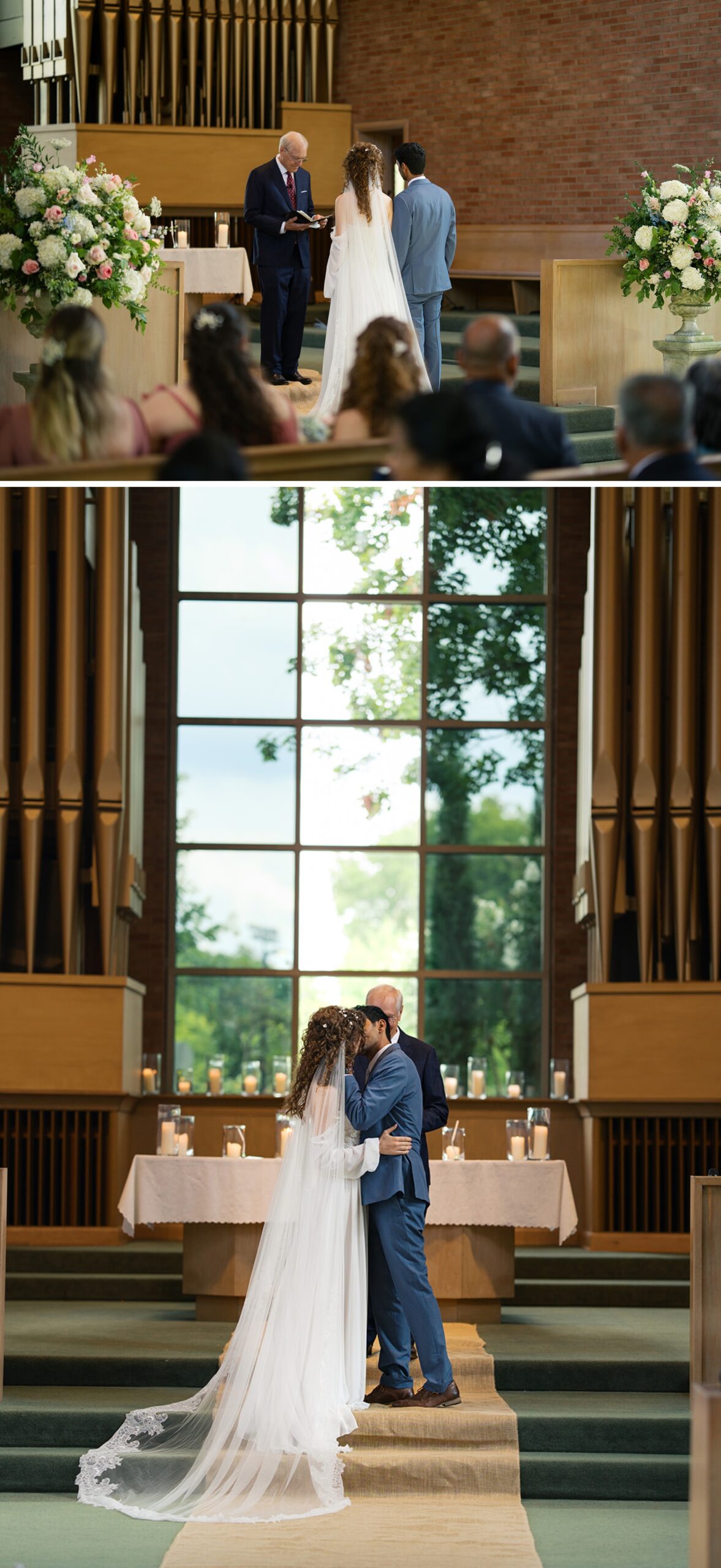 Newlyweds kiss at the altar to end their ceremony