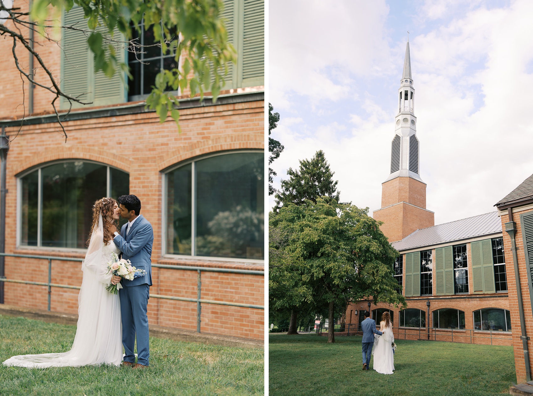 A bride and groom share a kiss and walk in the lawn under the vine street christian church wedding venue steeple