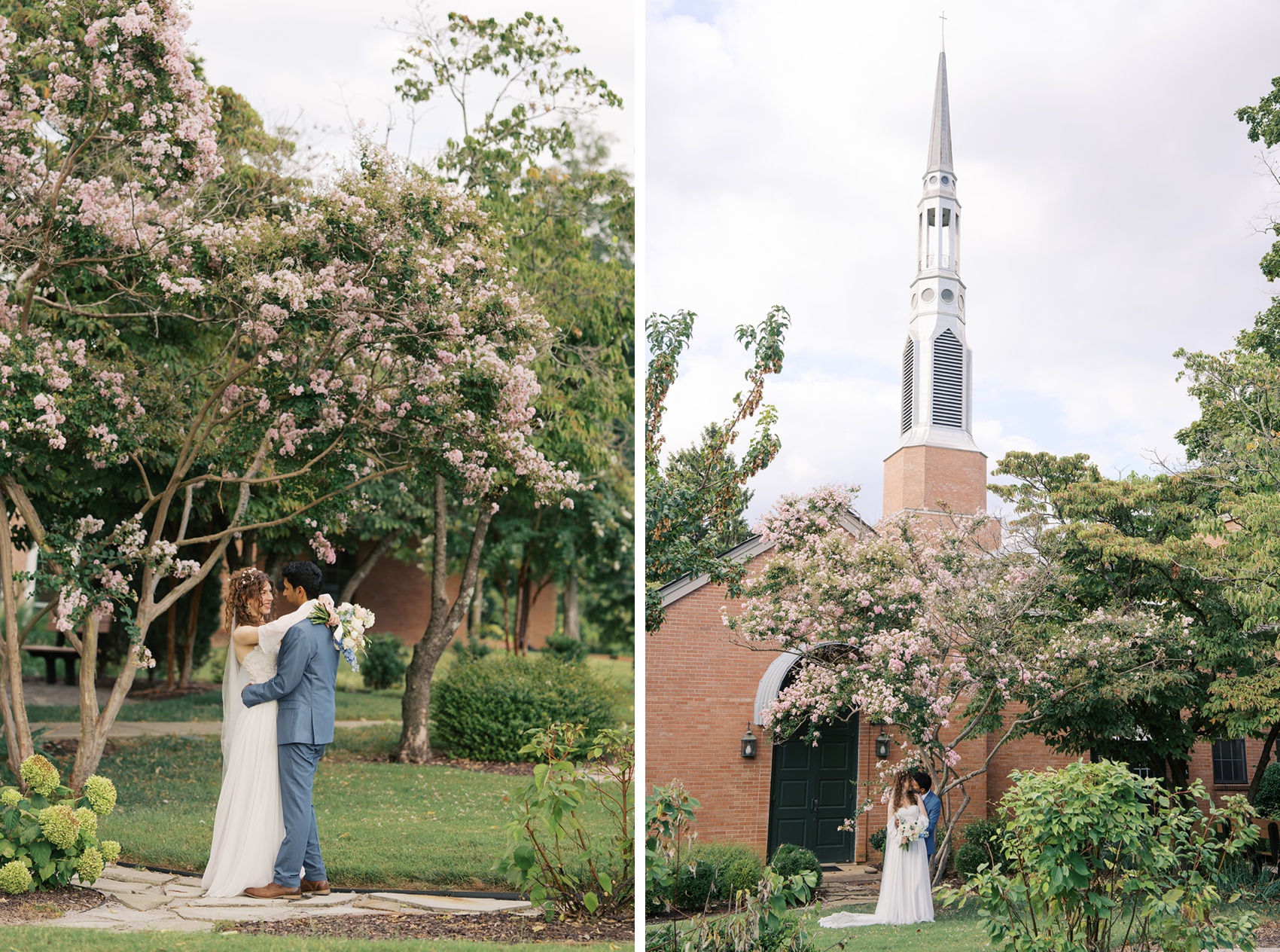 Newlyweds slow dance in a garden under a tree next to them kissing under the vine street christian church wedding venue steeple