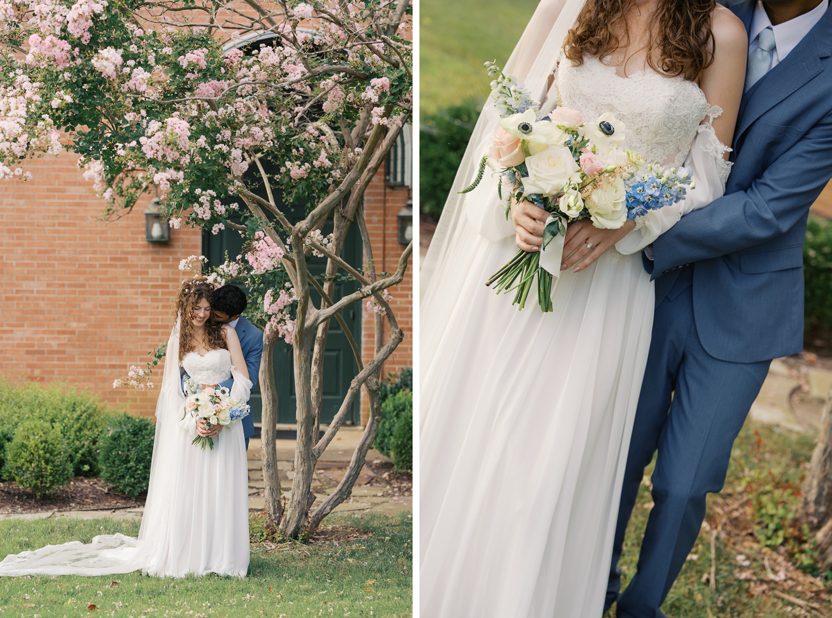 Newlyweds snuggle and giggle under a pink blooming tree in the vine street christian church wedding venue garden next to details of the bride's white, pink and blue bouquet