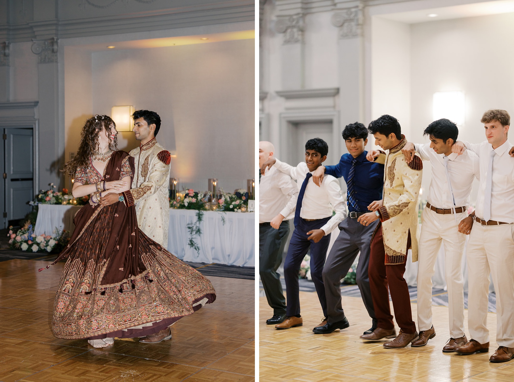 Newlyweds share a first dance with a spin in traditional garb on the dance floor next to the groom dancing with his groomsmen