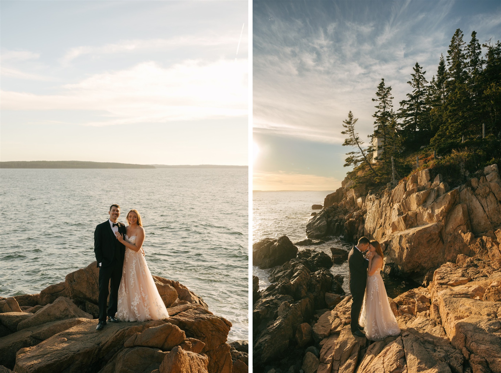 Newlyweds smile and cuddle on a boulder on the endge of the ocean on a steep cliff at sunset
