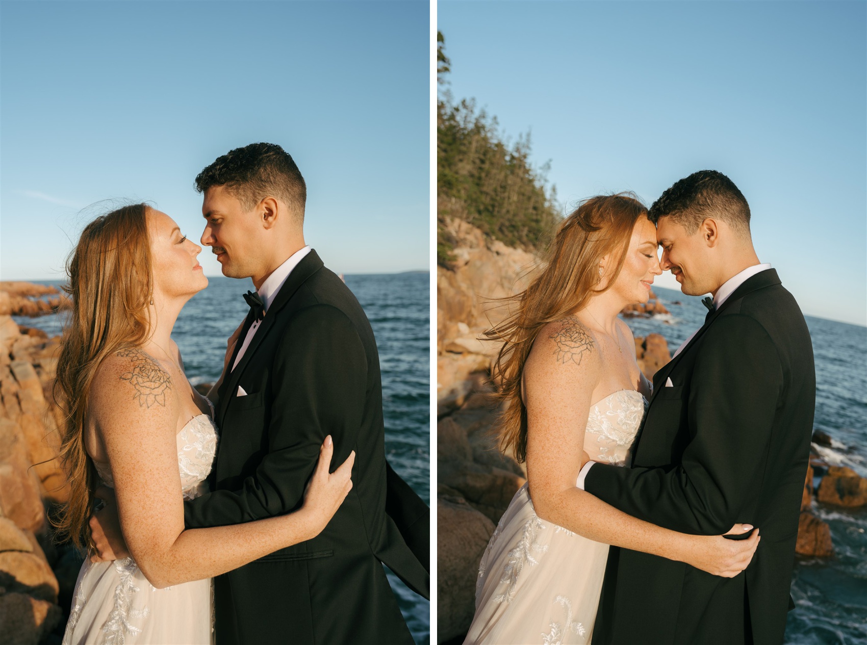A bride and groom snuggle and touch noses while enjoying sunset overlooking the ocean