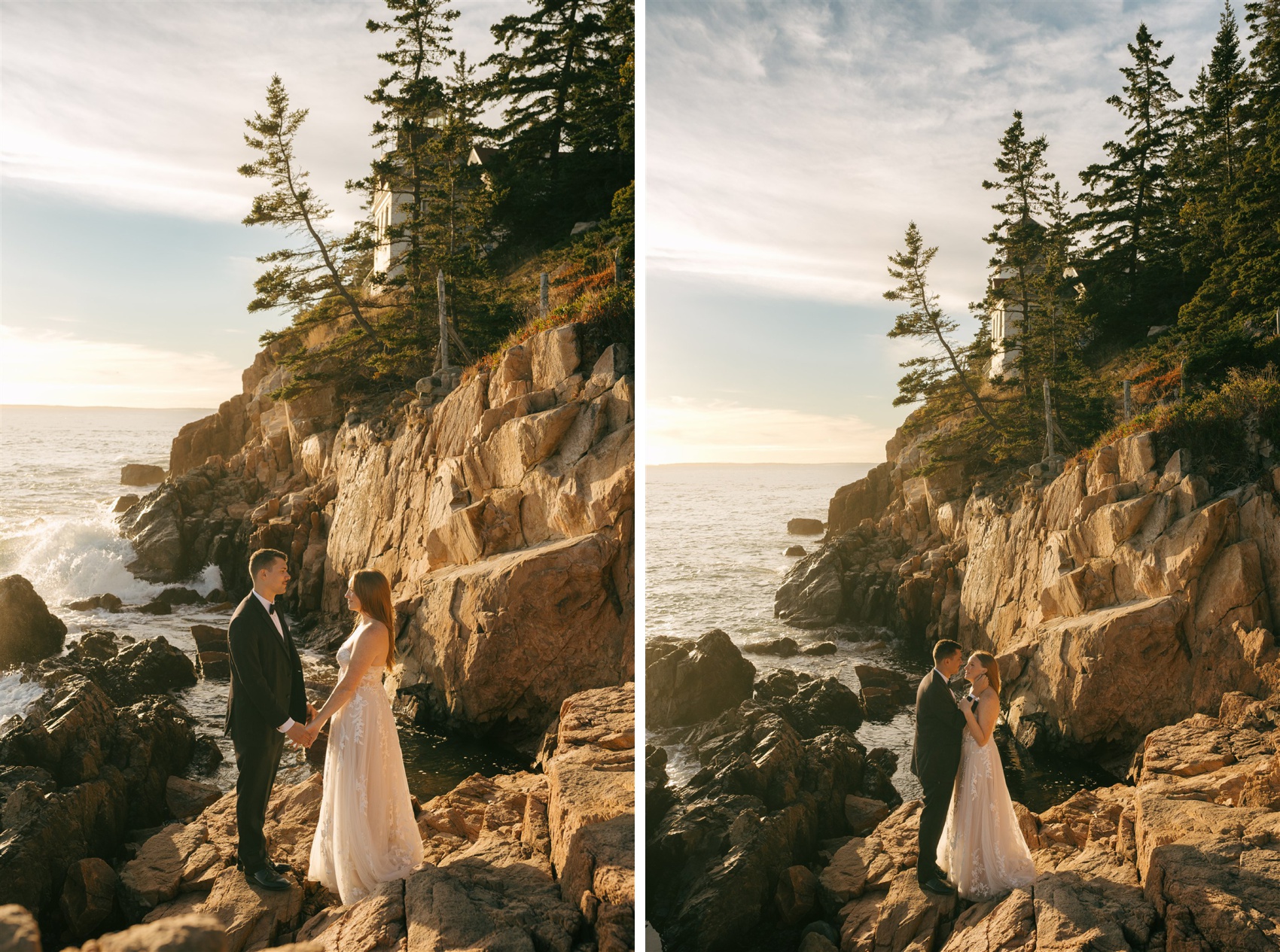 Newlyweds hold hands on a steep cliff over the water at sunset