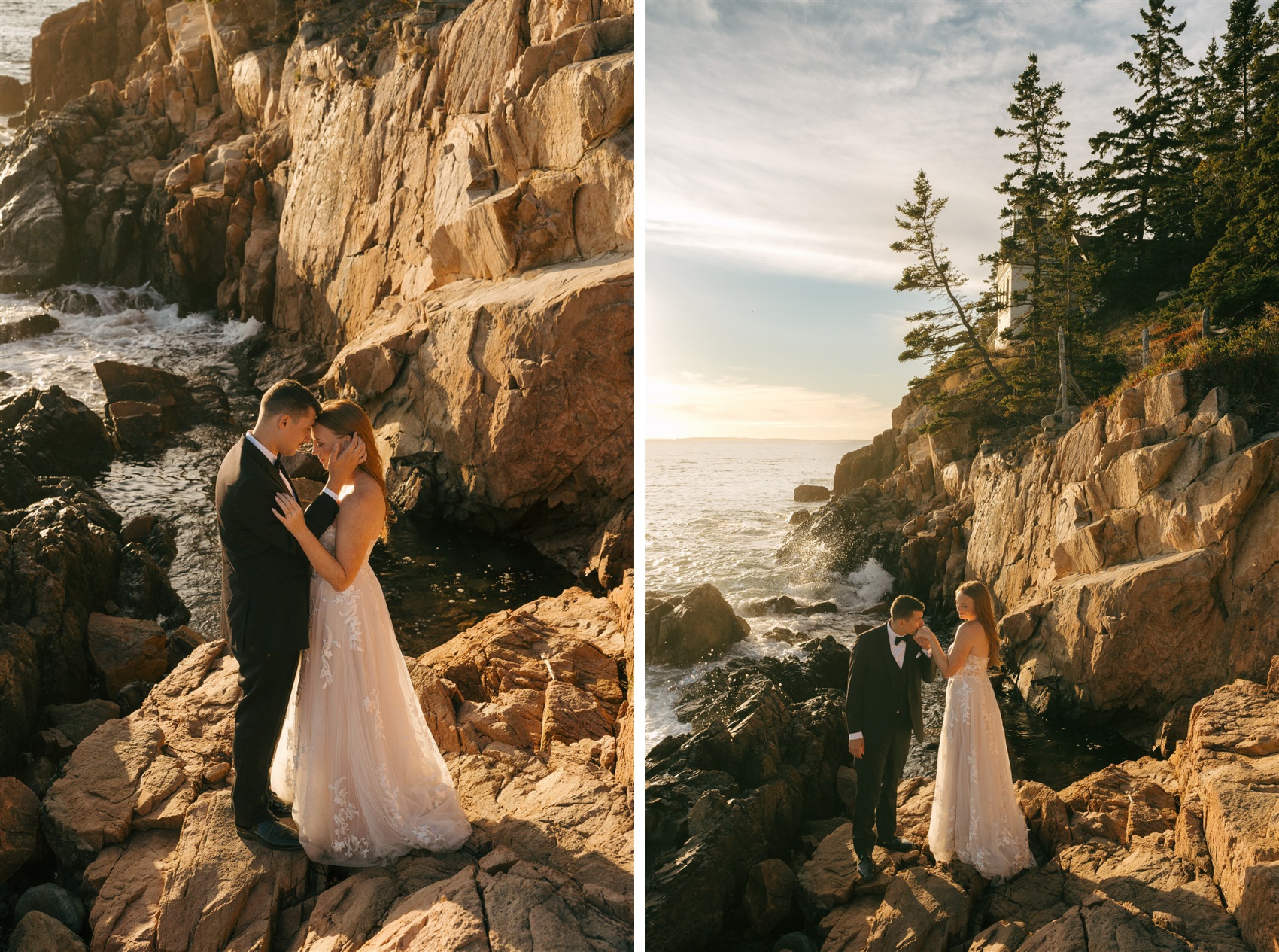 A bride and groom snuggle on a steep cliff overlooking the water next to them walking back up at sunset during their Acadia National Park Elopement