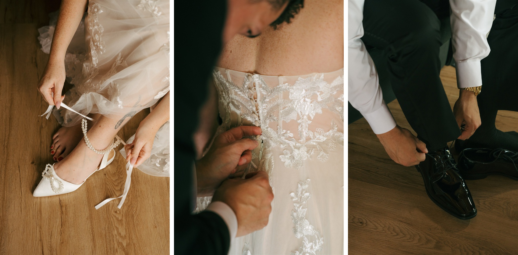 Details of a bride and groom putting on their shoes and getting into the gown