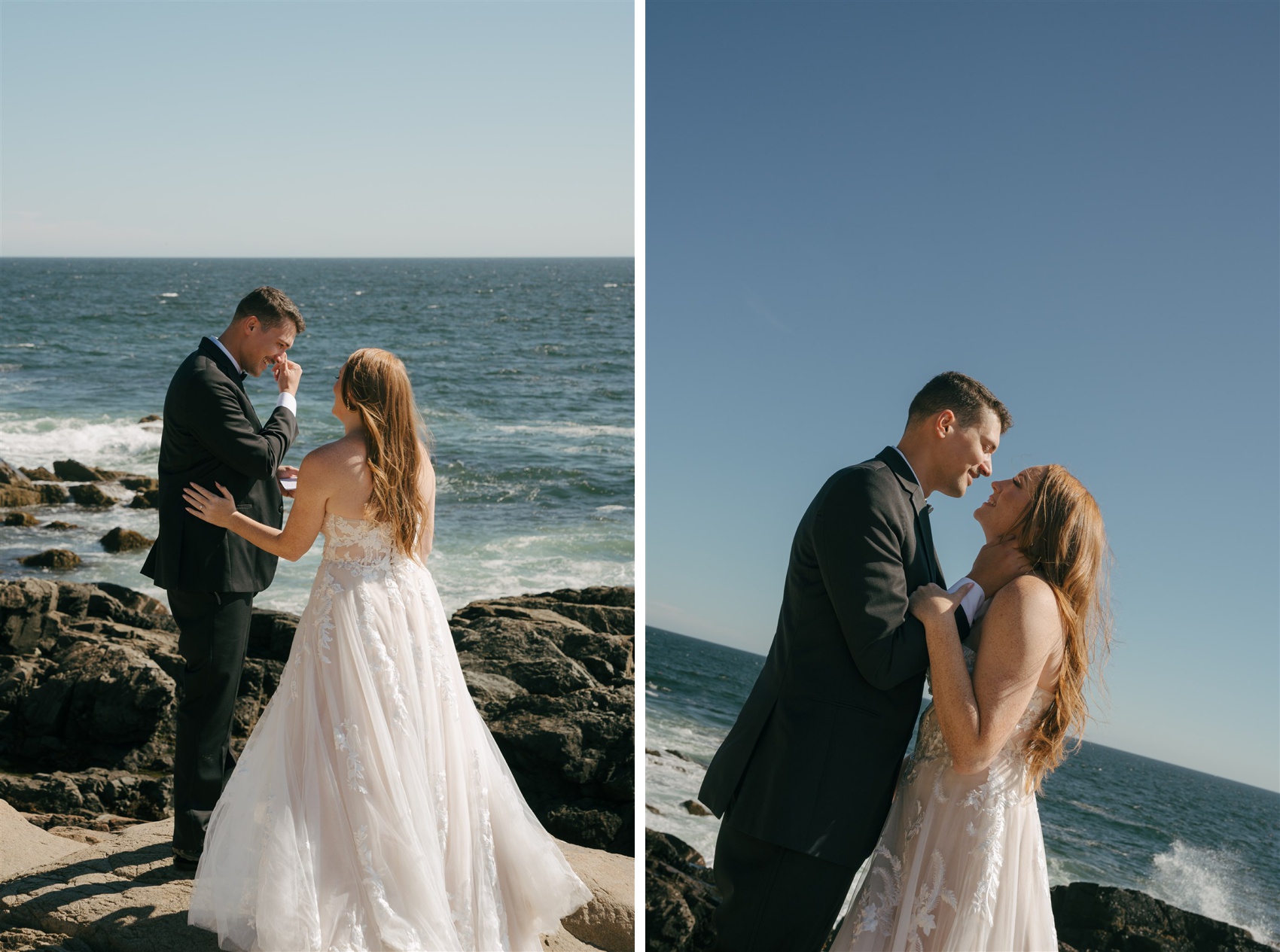 A bride and groom laugh on a shoreline and lean in for a kiss as waves crash on the rocks