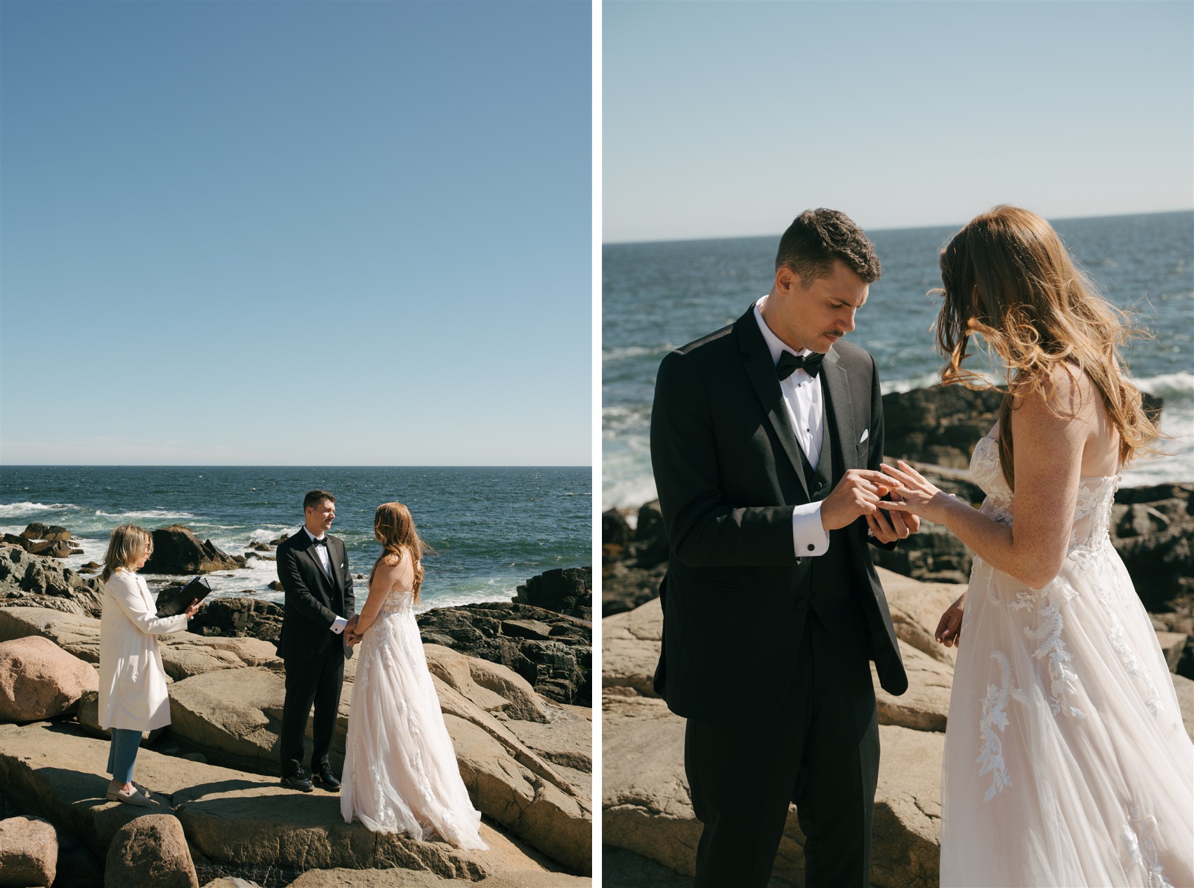 Newlyweds hold hands while listening to their officiant next to putting on rings on a rocky shoreline during their Acadia National Park Elopement