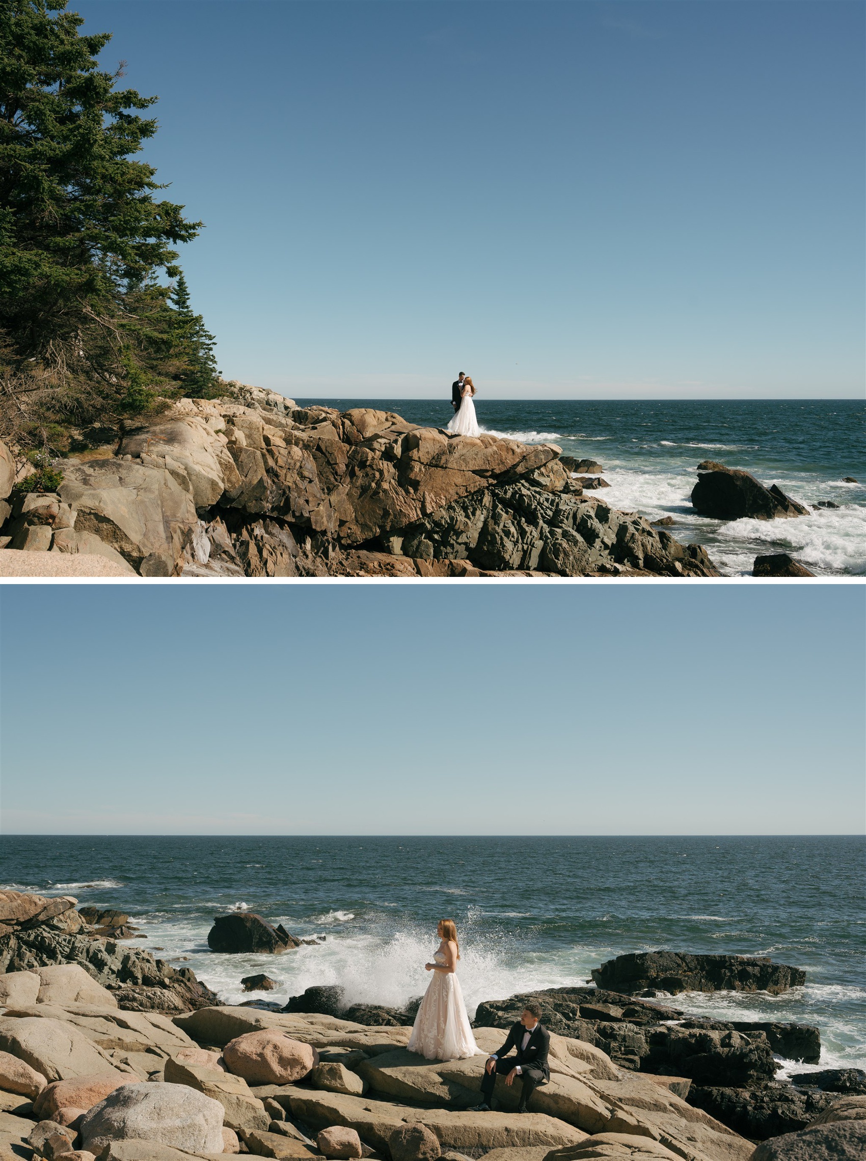 Epic moments of newlyweds on a rocky ledge over the ocean during their Acadia National Park Elopement