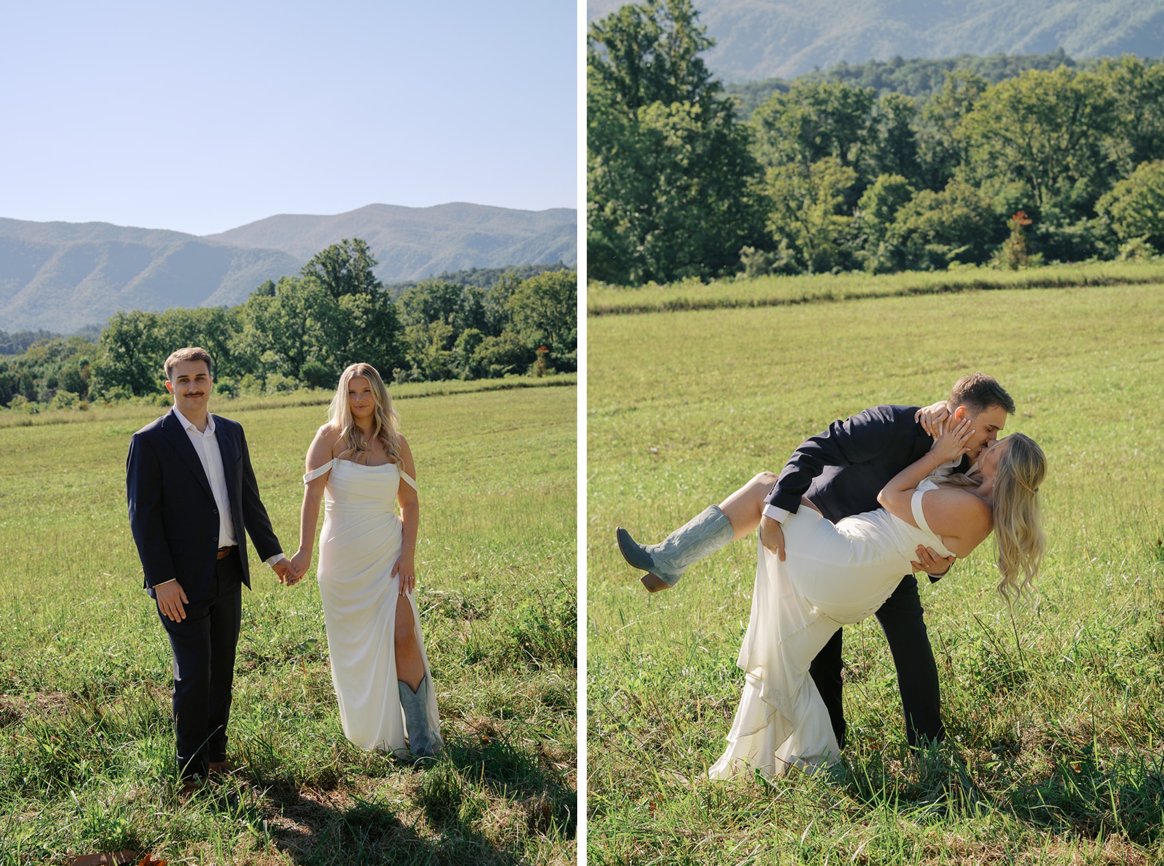 A groom dips his bride for a kiss in a meadow next to them holding hands