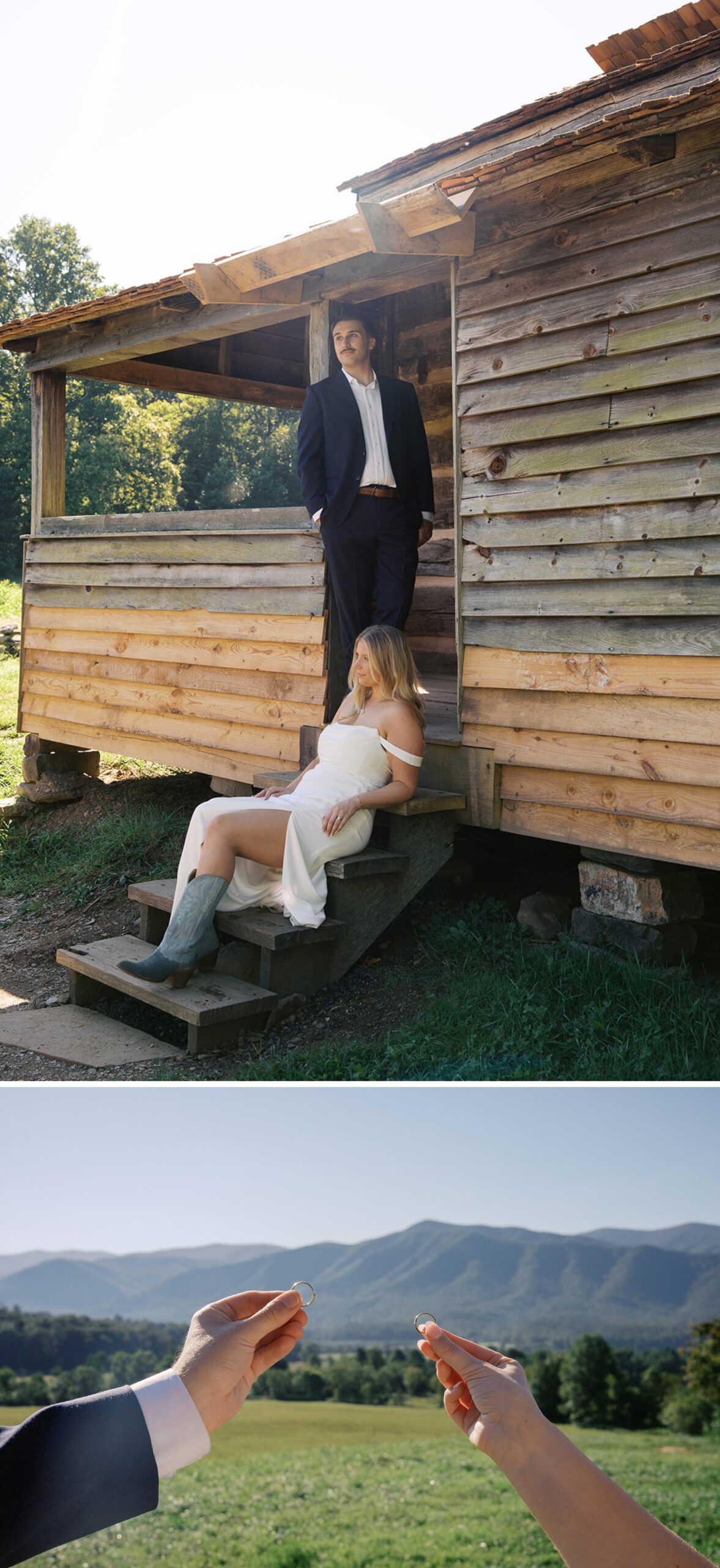 A bride and groom lounge on the steps of a cabin in the Smokies above them holding up their rings in the mountains