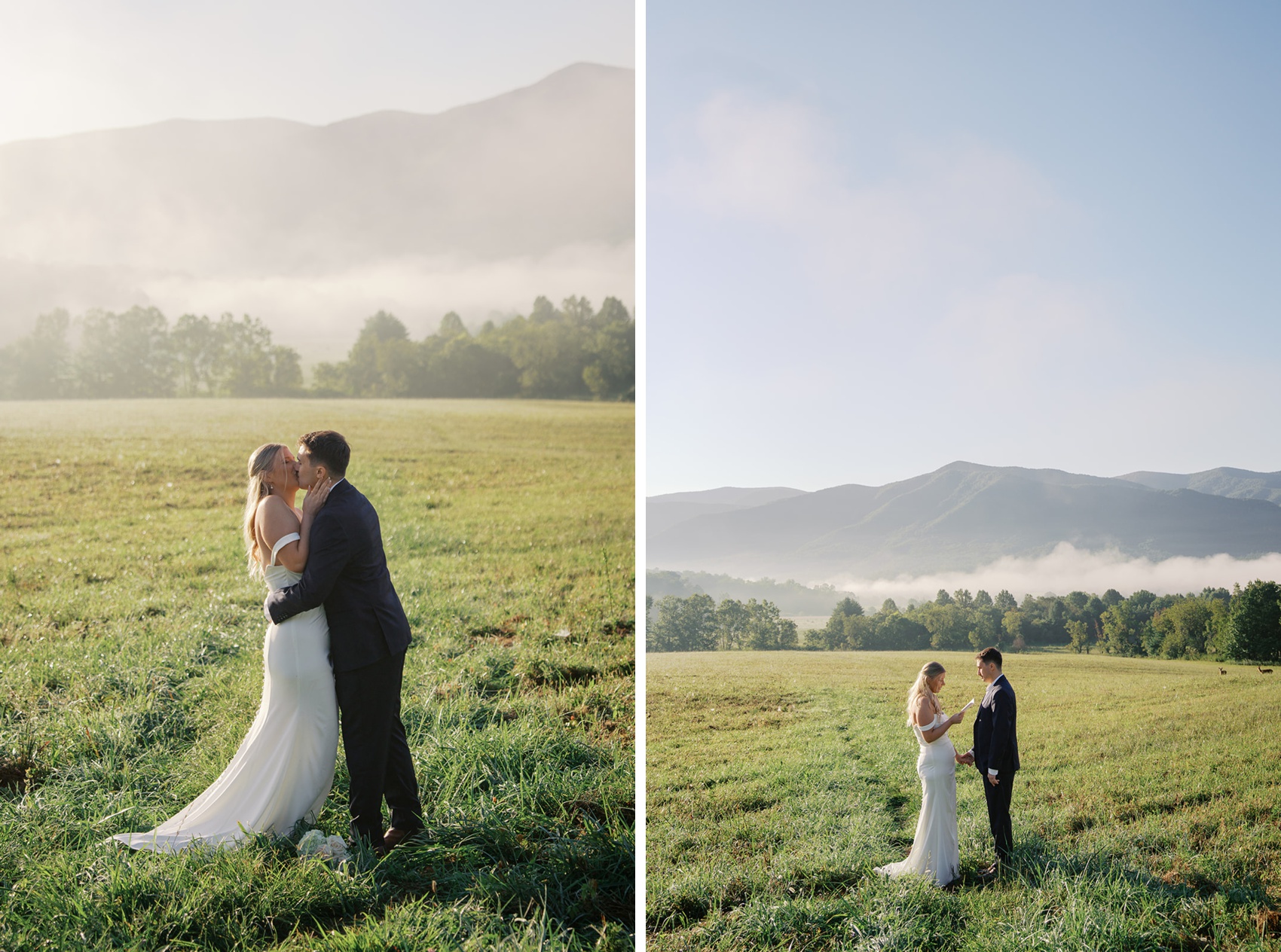 Newlyweds kiss and read notes to each other in a loarge open meadow in the Smoky Mountains