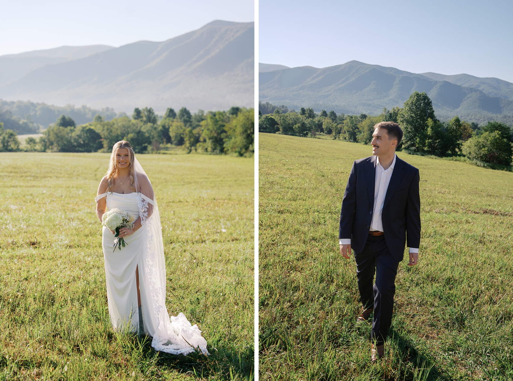 A bride and groom each walk in an open meadow during their cades cove wedding in the mountains