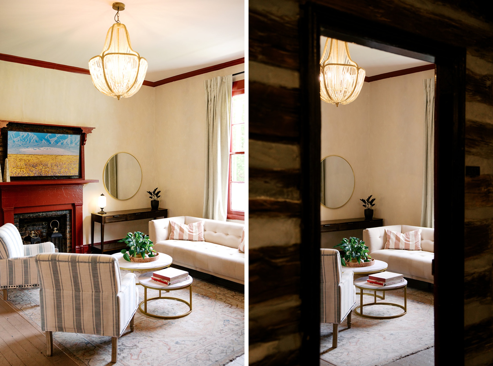 Details of one of the rooms of the wedding venue with a white couch and blue stripe chairs in a window