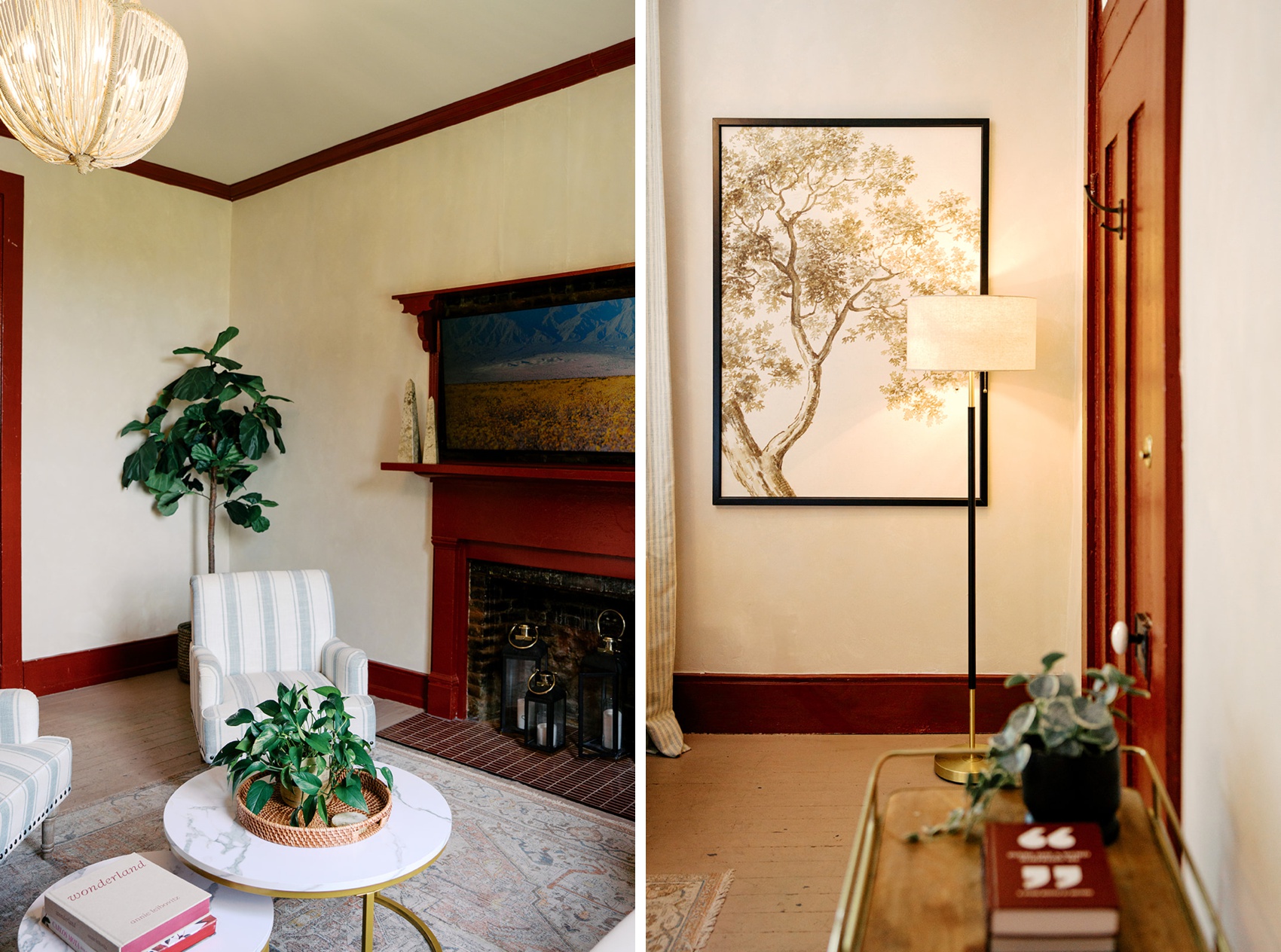 Details of a room with modern furniture and red trim