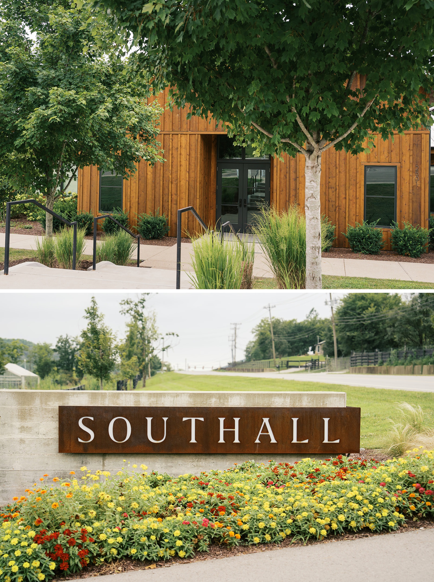 A look at the front entrance and sign of the beautiful southall farm and inn wedding venue with flowers in bloom