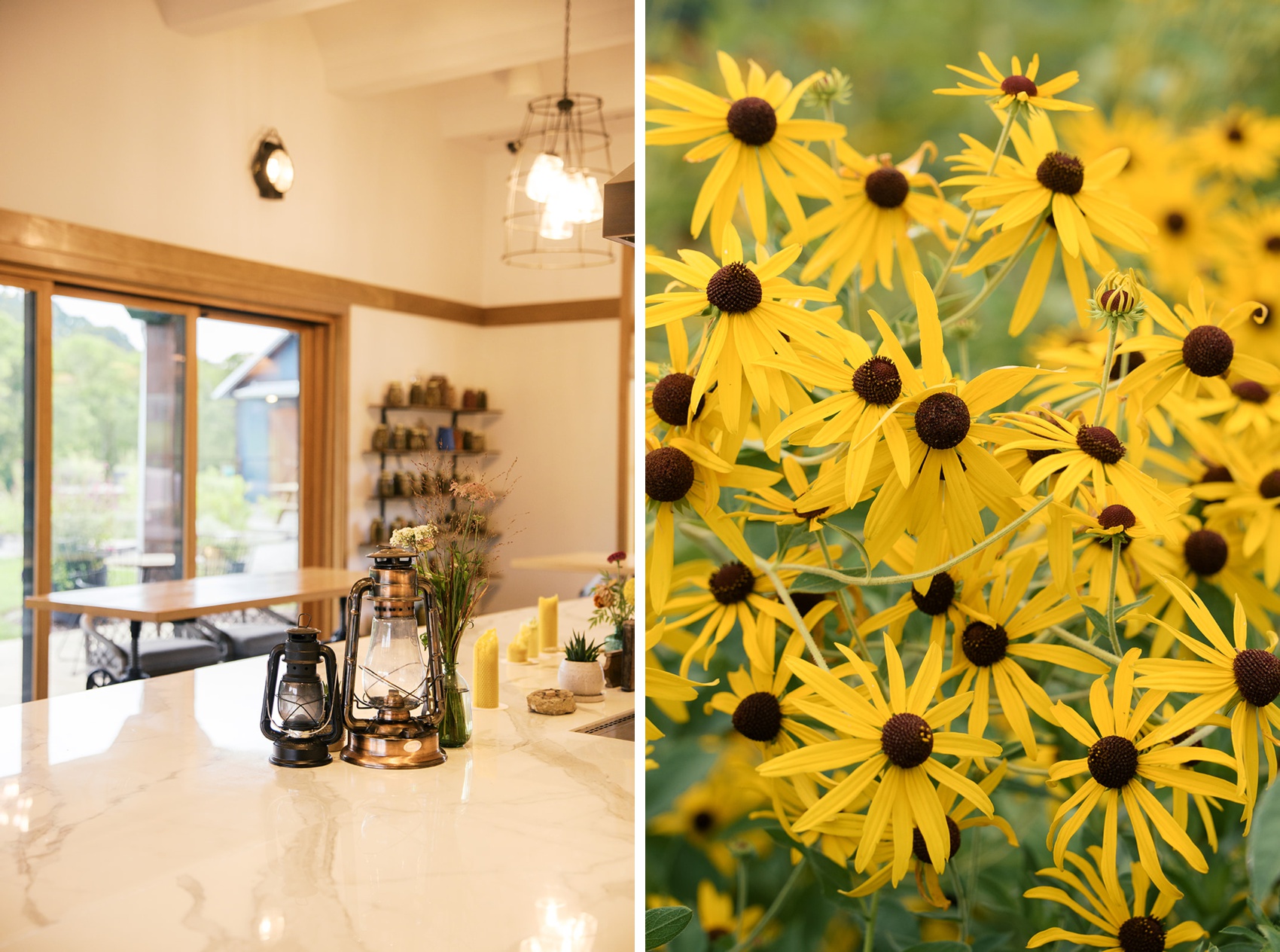 A look at a bar counter with antique lamps next to yellow daisies in the garden